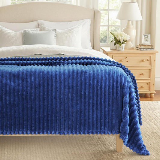 decorUhome Christmas Soft Fleece Navy Blue Blanket Queen Size for Bed, Cozy Fluffy Plush Flannel Large Striped Throws for Couch Sofa, Lightweight Decorative Fuzzy Blanket for Woman, 90x90 Inches