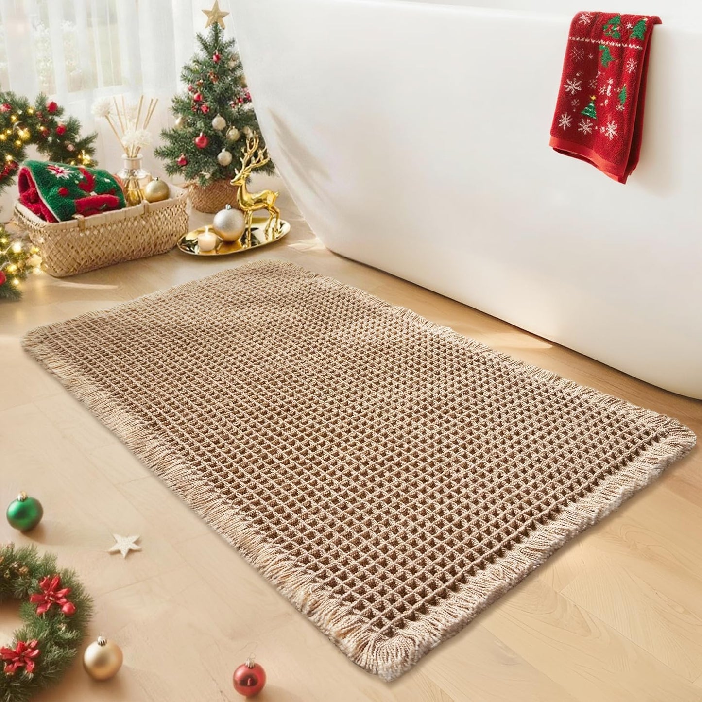 Waffle Bath Mat - Boho Bathroom Rugs Non Slip Washable, Super Absorbent & Quick Dry, Small Bath Mats Farmhouse Bathroom Decor, 18'' x 30'', Khaki