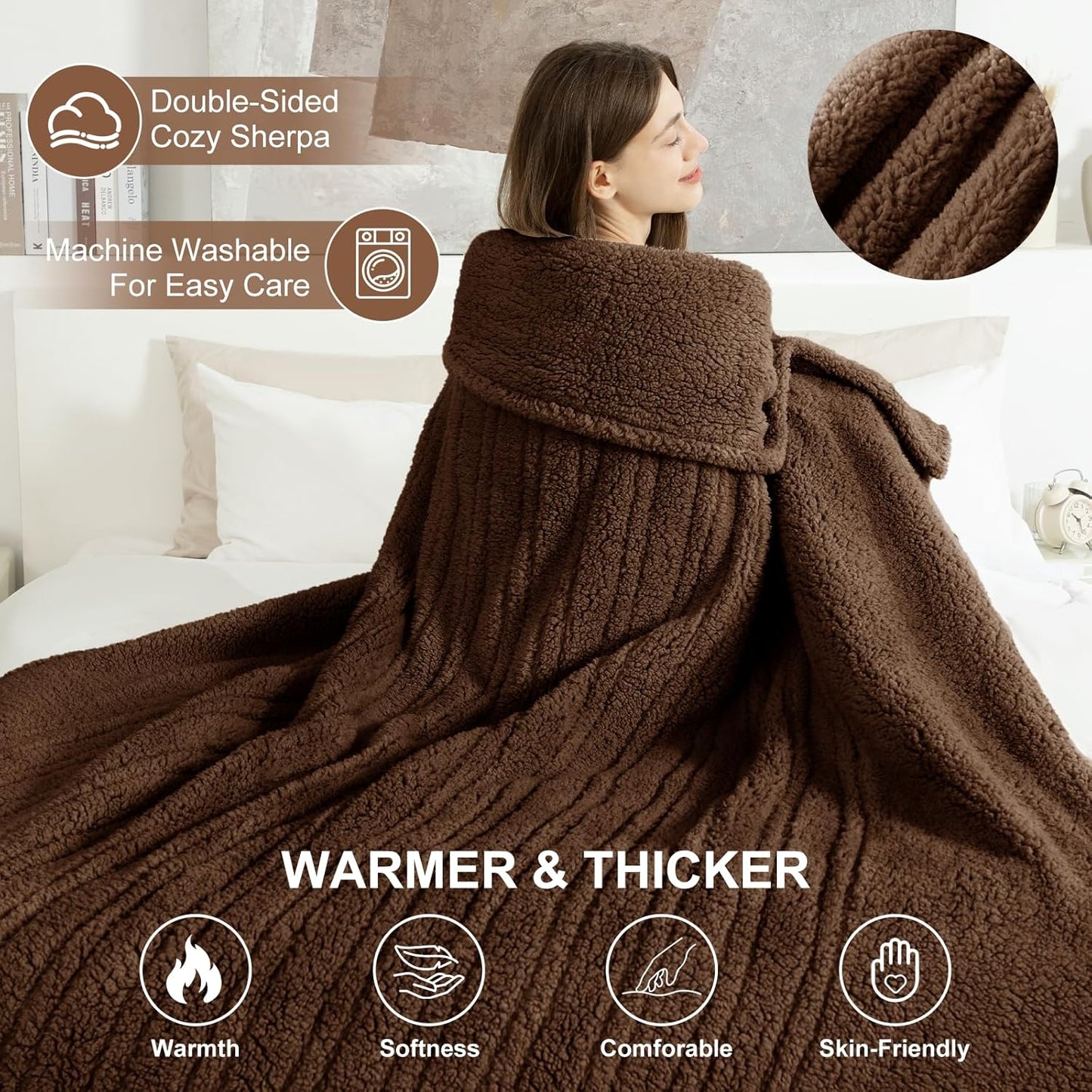 Heated Throw Blanket 50"X60"- Soft Double Sided Sherpa Electric Throw Blanket with 5 Heatings Levels & 4 hrs Auto Shut Off, Overheat Protection & ETL Certified, Gift for Women(Brown)