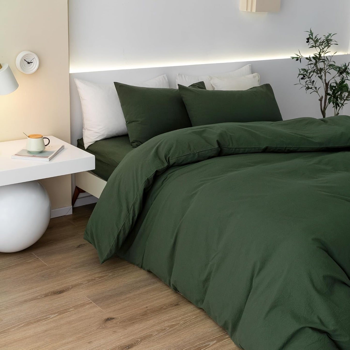 JIYUAN 100% Washed Cotton Duvet Cover Set 3 Pieces Super King, 1 Duvet Cover 108x98 Inches(Comforter Not Included) and 2 Pillowcases,Linen Feel Bedding Set Comfy and Breathable,Forest Green