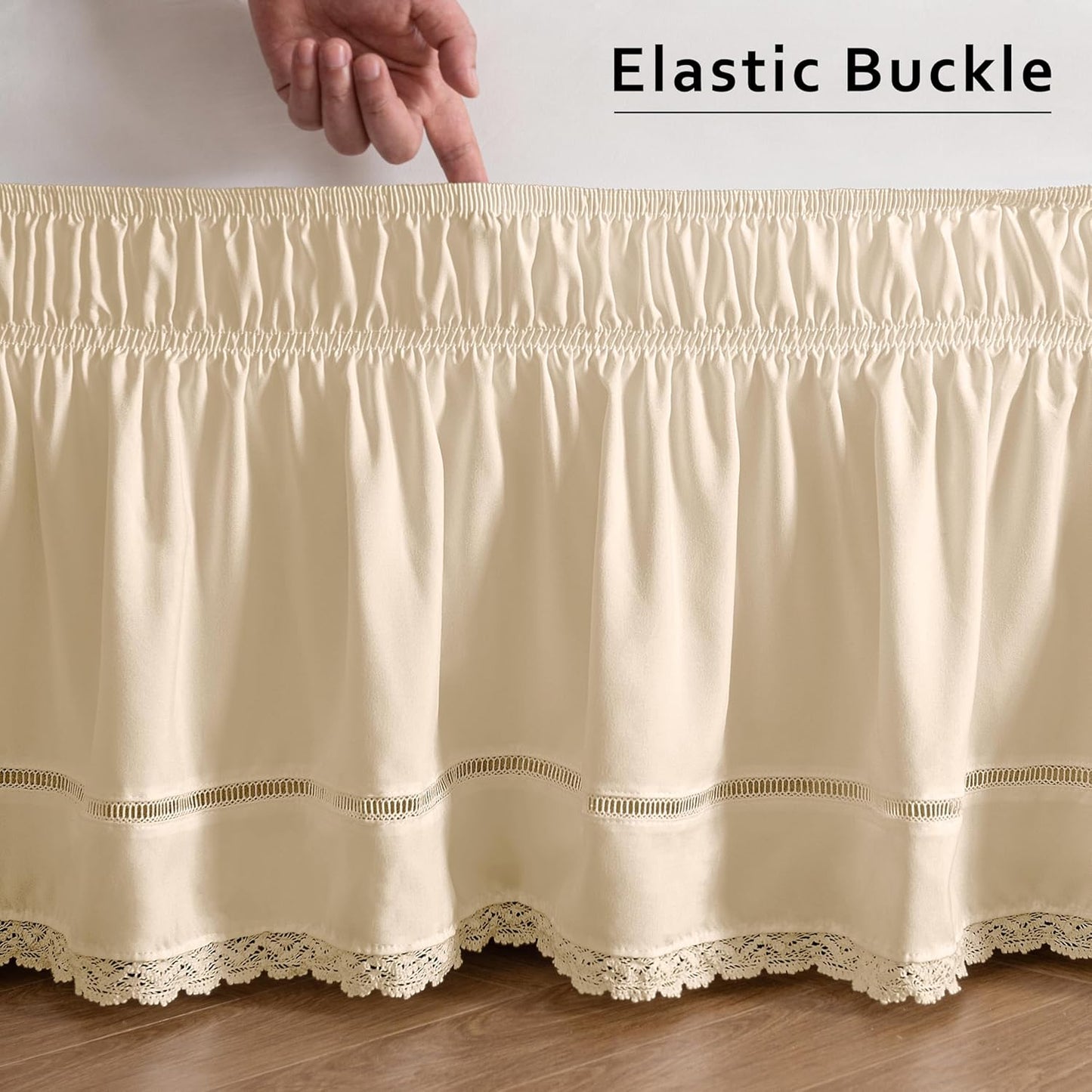 MIYE Wrap Around Ruffled Lace Bed Skirt, Elastic Dust Ruffle with Adjustable Belts, Easy to Put On, Bed Frame Cover, Machine Washable (Floral Lace/Light Beige, King/Queen-15 Drop)