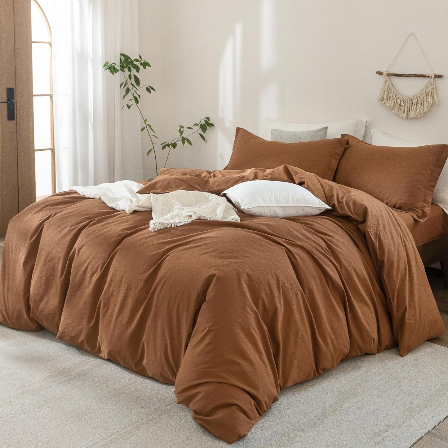 100% Washed Cotton Dark Orange Duvet Cover Super Queen Size Bedding Set Cover 1 Duvet Cover with Zipper Closure and 2 Pillowcases, 98inch x 90inch