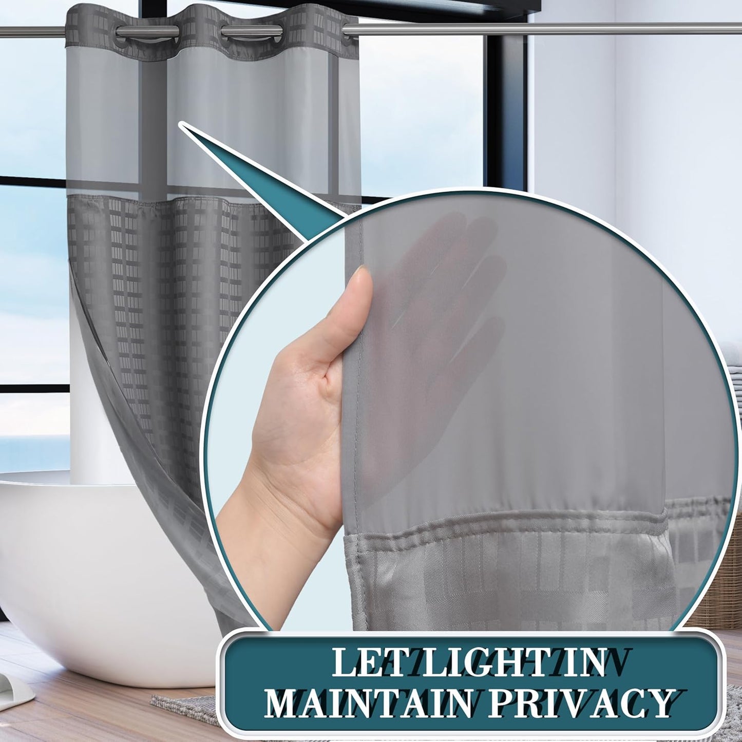 Conbo Mio Stall No Hook Shower Curtain with Snap in Liner Set, Hotel Luxury Grey Shower Curtains for Bathroom with See Through Top Window, Waterproof, Washable 36W x 74H