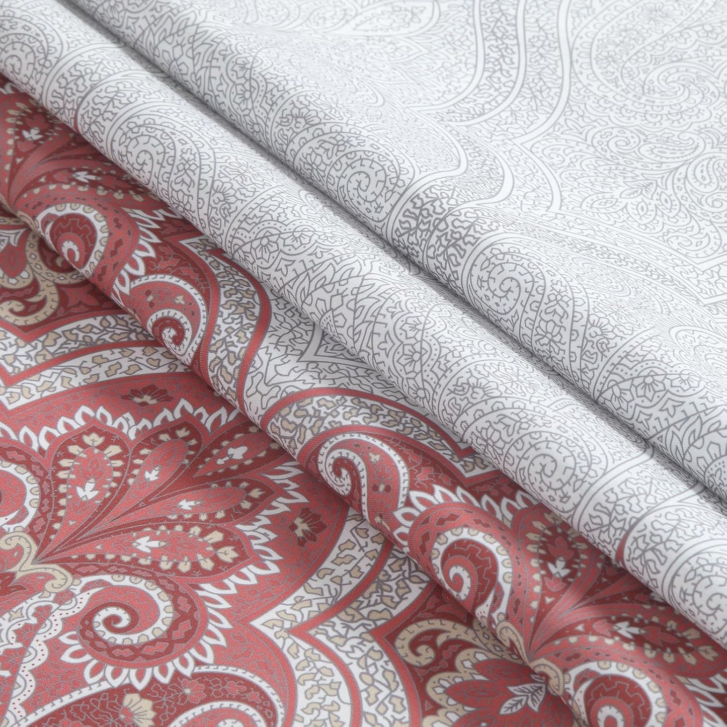 Extra Long Paisley Shower Curtain, Water Repellent Brushed Microfiber with Terracotta & Gray Bohemian Print, 12 Metal Grommets & Weighted Hem, 72x84 Inches