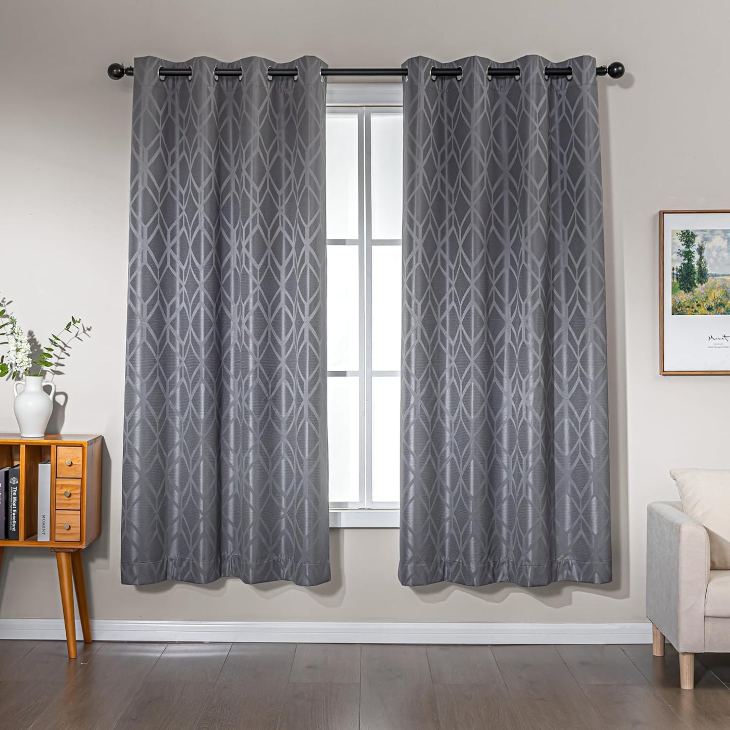Amazon Basics Jacquard 2-Piece 100% Blackout Curtains, Living Room and Bedroom Drapes, Thermal Insulated Window Treatment, 52"x72", Grey