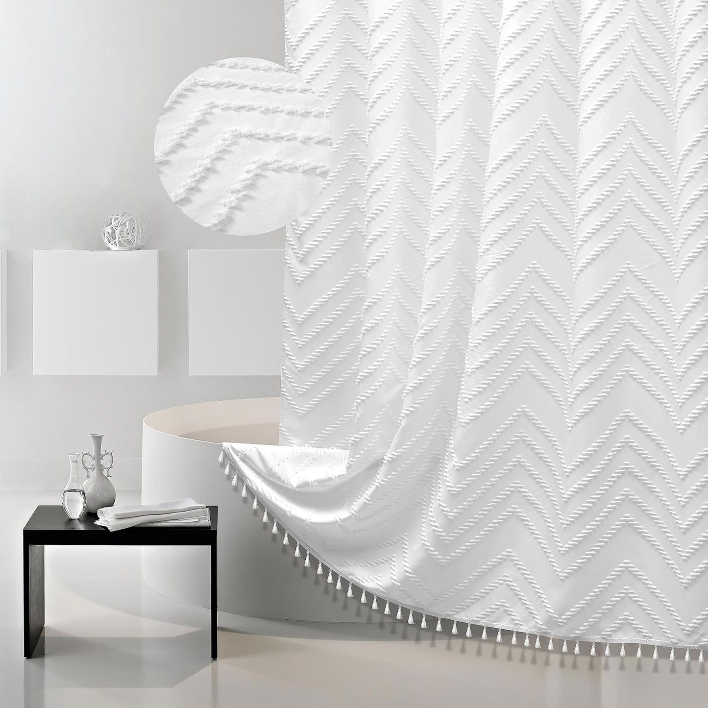 Boho Shower Curtain White Tassel Woven Fabric Shower Curtain 54 x 78 Modern Farmhouse Textured Tufted Chevron Striped Minimalist for Bathroom, Closet Door