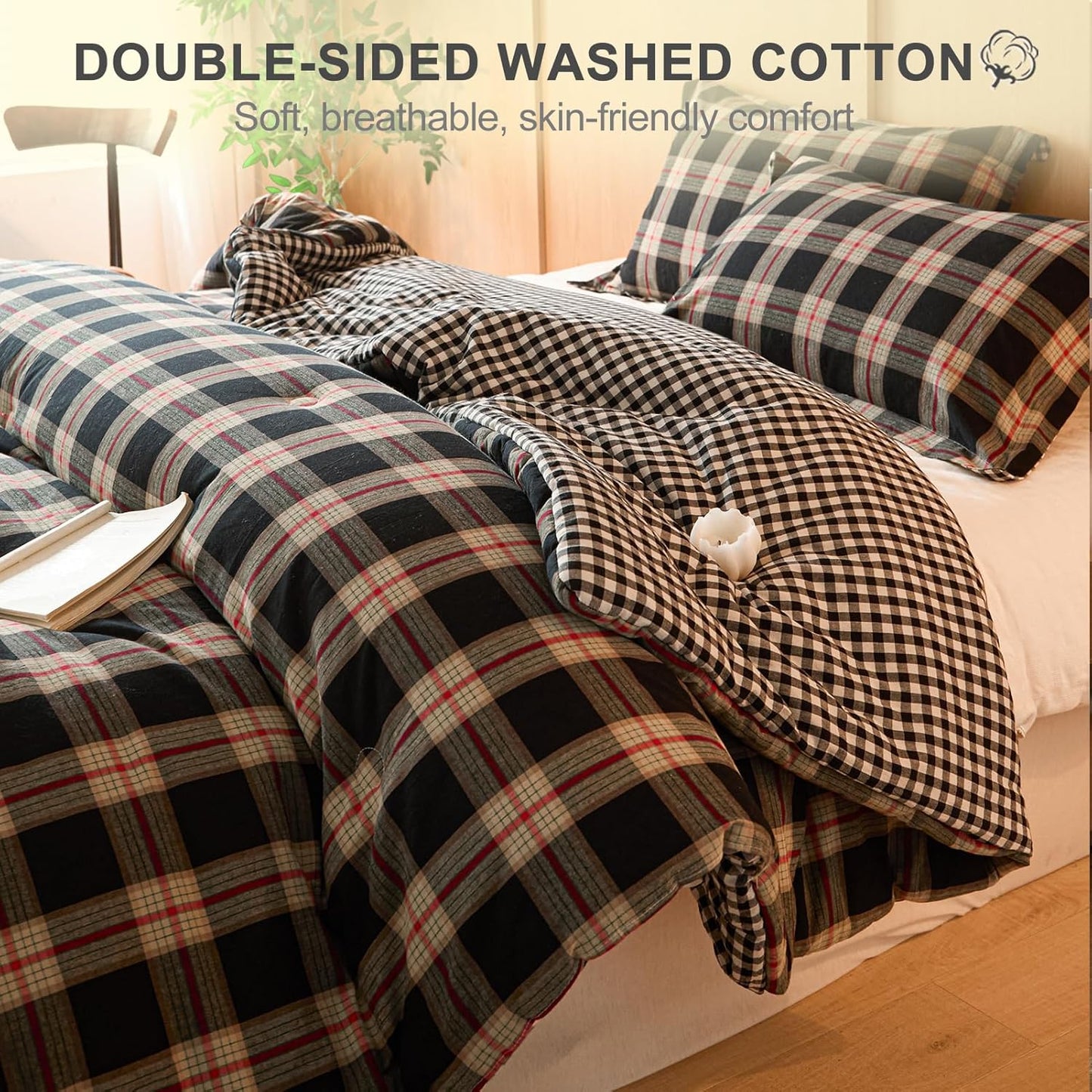 100% Cotton Comforter Set Twin Size – Reversible Yarn-Dyed Checkered Design, Soft Washed Cotton on Both Sides, Lightweight All-Season Bedding, Machine Washable(Black Red Plaid, 68”x90”)