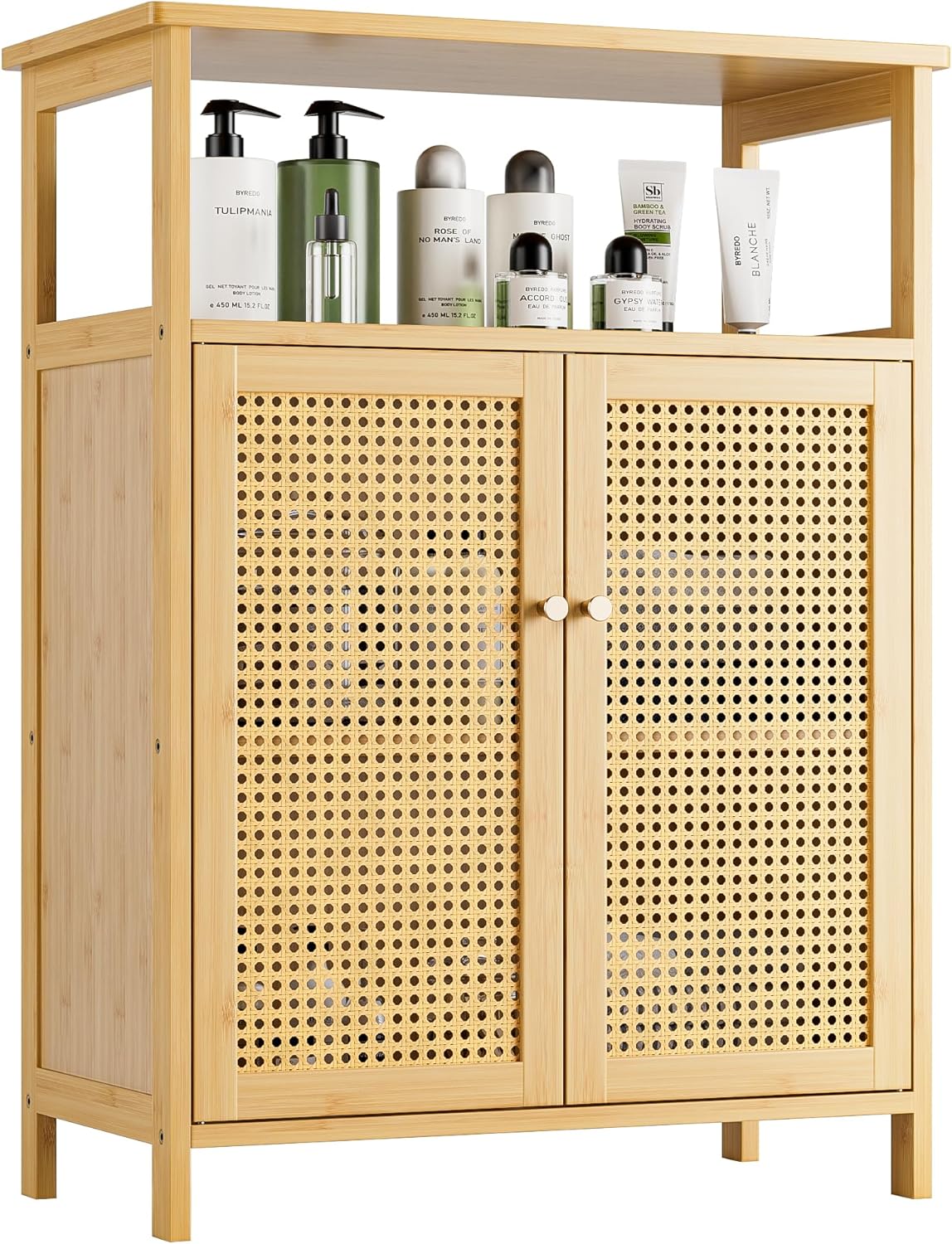 Bathroom Floor Stand Cabinet, Bamboo Storage Organizer Table with 2 Rattan Doors and 1 Shelf, Wooden Side Cupboard for Hallway, Laundry, Kitchen, Living Room (Natural)