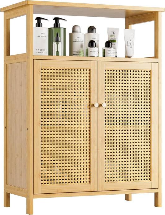 Bathroom Floor Stand Cabinet, Bamboo Storage Organizer Table with 2 Rattan Doors and 1 Shelf, Wooden Side Cupboard for Hallway, Laundry, Kitchen, Living Room (Natural)