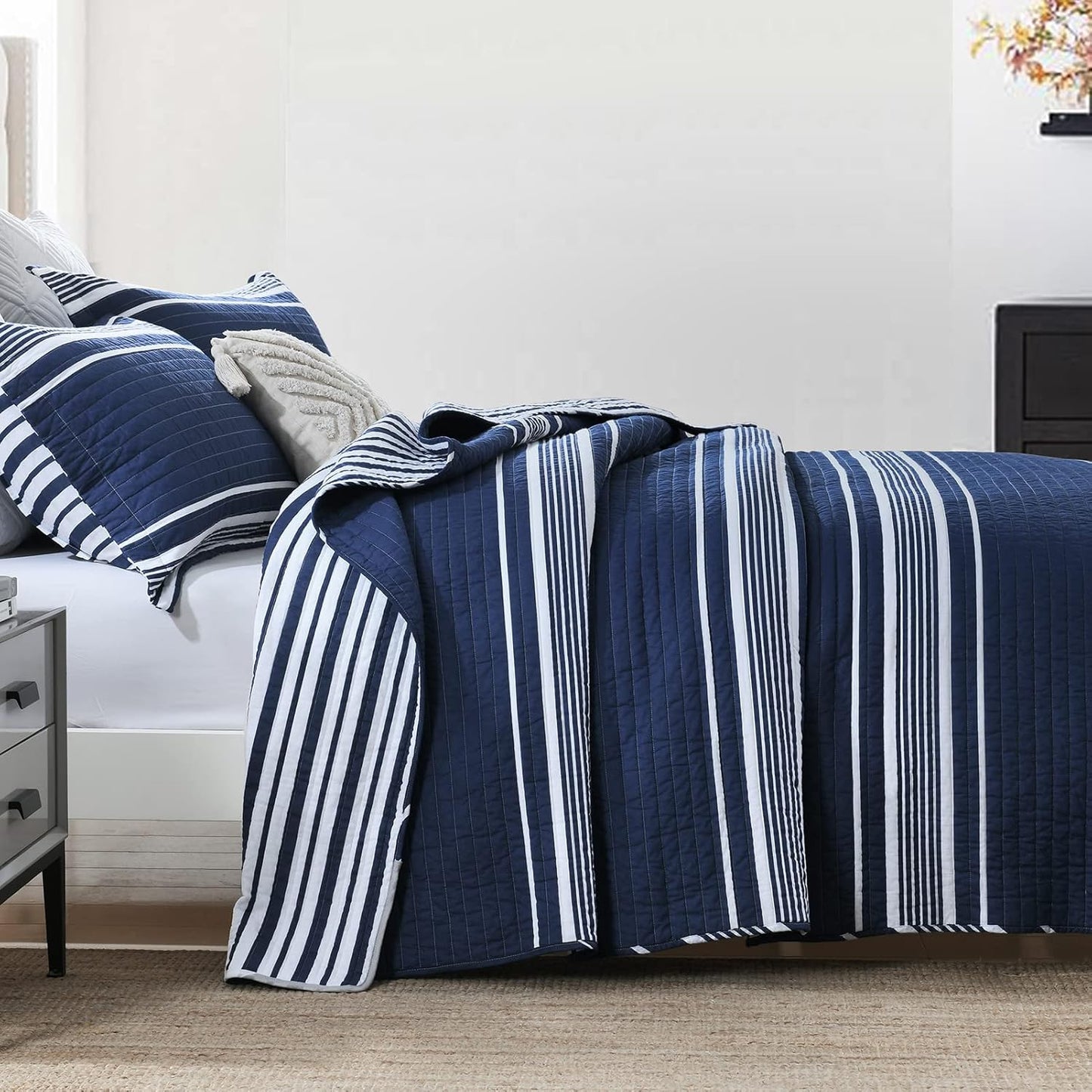 Y-PLWOMEN Quilt King Size - 100% Cotton King Size Bedspread, Navy Blue Striped Quilt for King Bed, Lightweight Reversible All Season, 3-Piece
