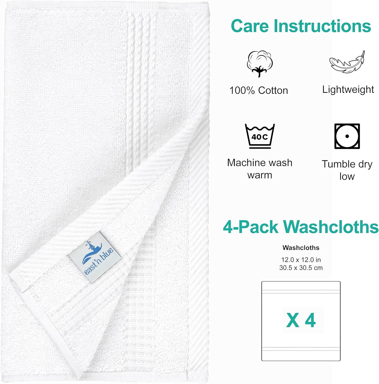 EastNBlue Lara 100% Turkish Cotton Washcloths 4 Pack, Extra Soft & Absorbent Wash Cloths for Face & Body (12" x 12"), Terry Cloth, Small Hand Towels for Bathroom, White
