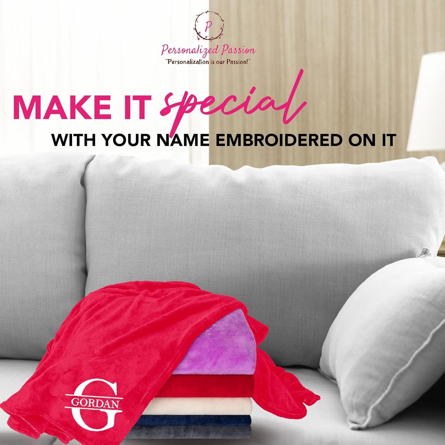 Personalized Passion Blankets with Custom Name & Initial Monogram - Super Soft and Cozy Fleece - Unisex Custom Blanket for Him and Her - 60x40 Inches - Red