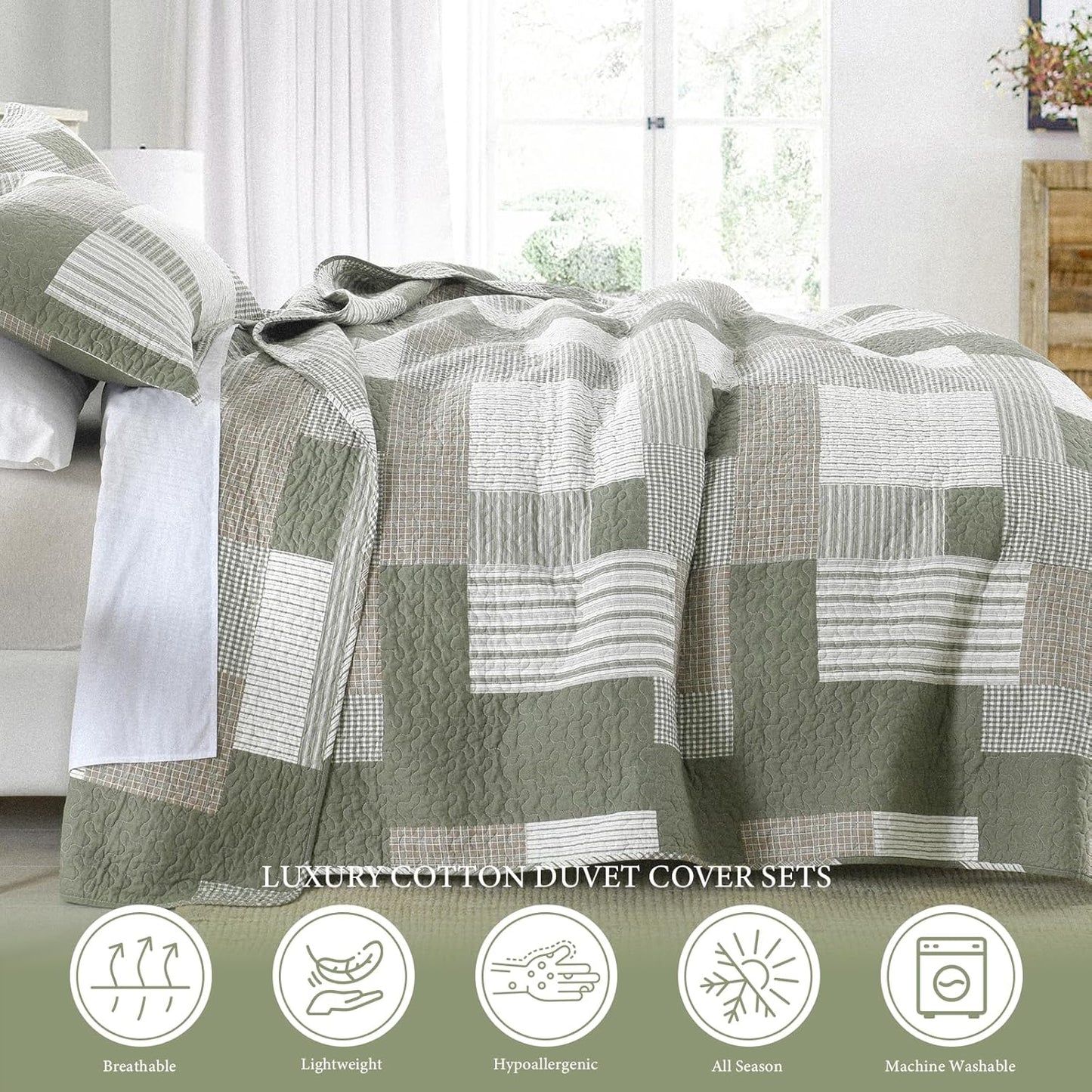 Uniclinens Plaid Quilt Set Queen Size, Patchwork Light Green Quilt Bedding Set, 100% Cotton Bedspreads, Farmhouse Rustic Lightweight Comforter, 3 Pieces Set with 2 Pillowshams, Green/Brown/Beige