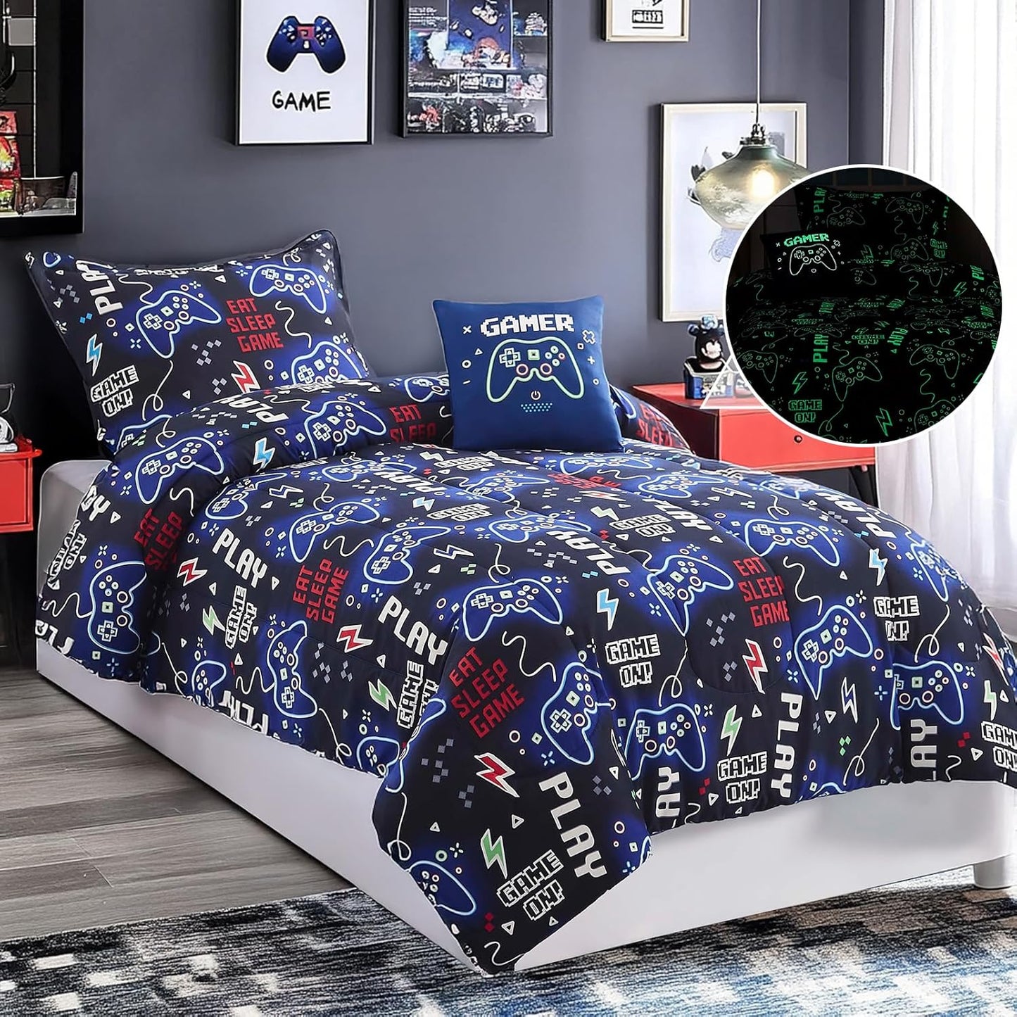 Full Size Comforter Set for Boys-4 Pieces Gamer Glow in The Dark Full Bedding Sets for Kids, 1 Comforter, 2 Shams and 1 Decor Pillow