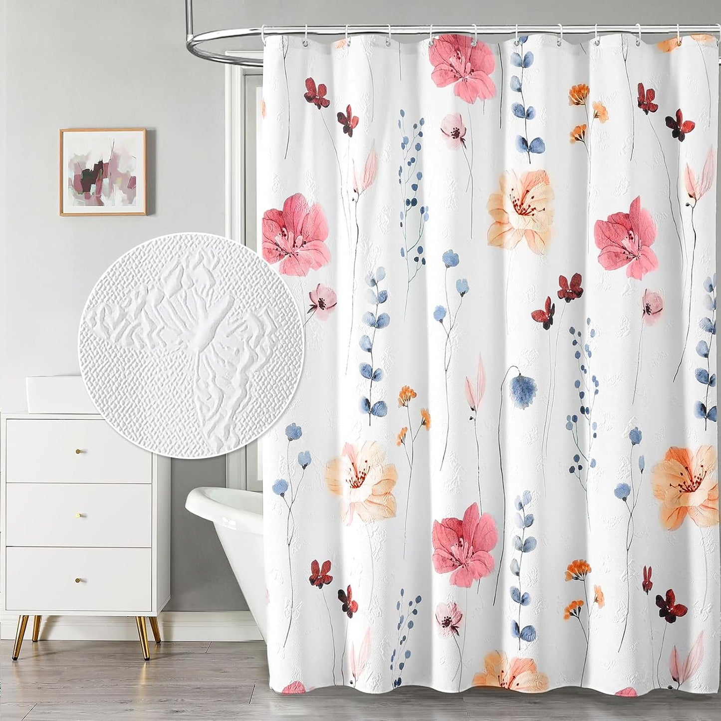 QiyI Extra Long Shower Curtain 72 x 84, Modern Watercolor Floral Bath Curtain, 3D Embossed Texture Peach Pink Flower Cloth Bathroom Curtains, Waterproof Fabric Farmhouse Shower Curtain Set with Hooks