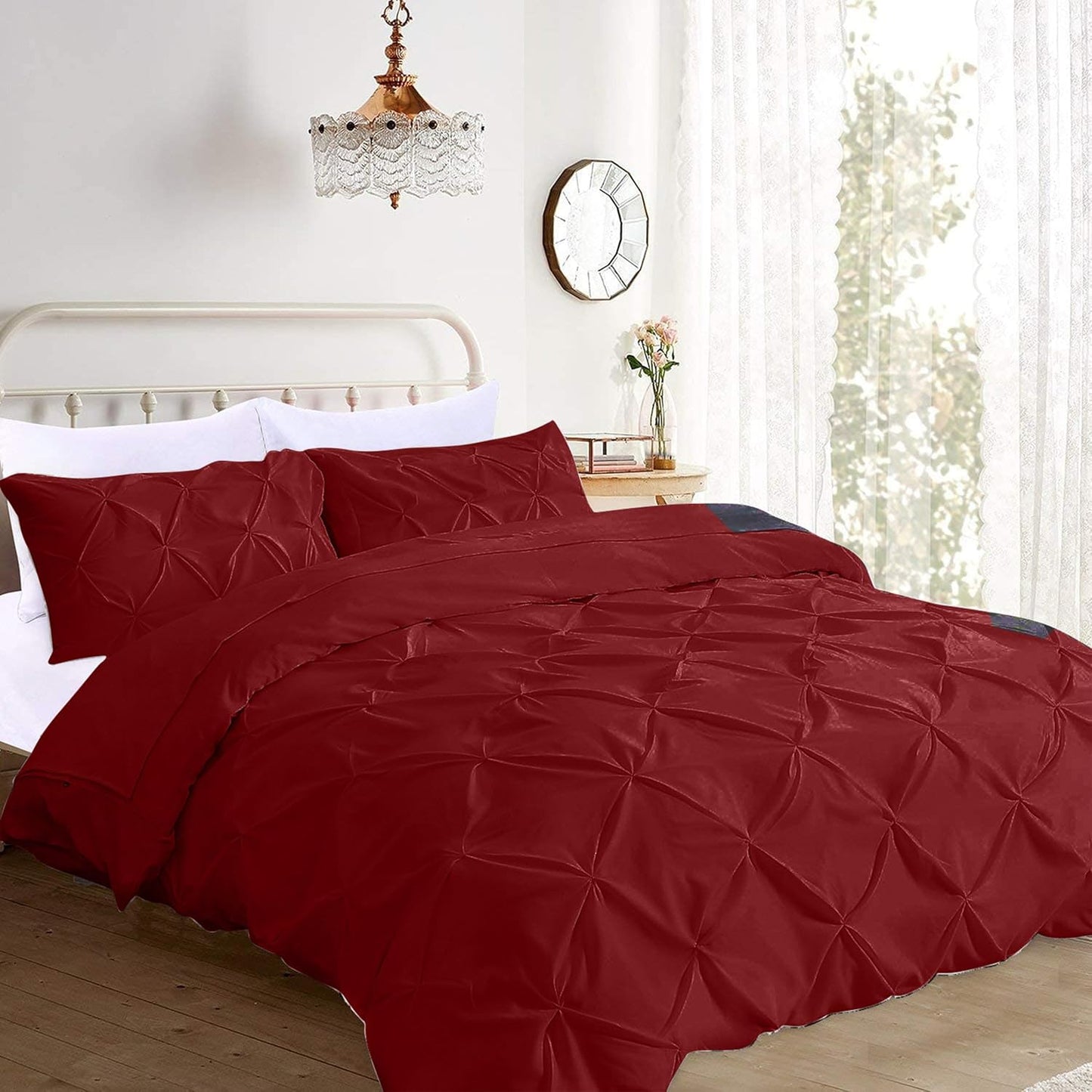 Pinch Pleated Duvet Cover Set 100% Brushed Microfiber 3PC Twin Size 68x90 Duvet Cover Set, Decorative Pinch Design Burgundy Duvet Cover with Matching Pillow Case