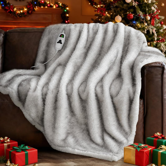 Faux Fur Heated Electric Blanket Throw, 50"X60" Heating Blanket Gifts for Women Mom Winter Warming Warm Luxury Super Cozy Fuzzy Heavy Plush Fluffy Decor, 10 Heat Levels 8H Auto Off,White
