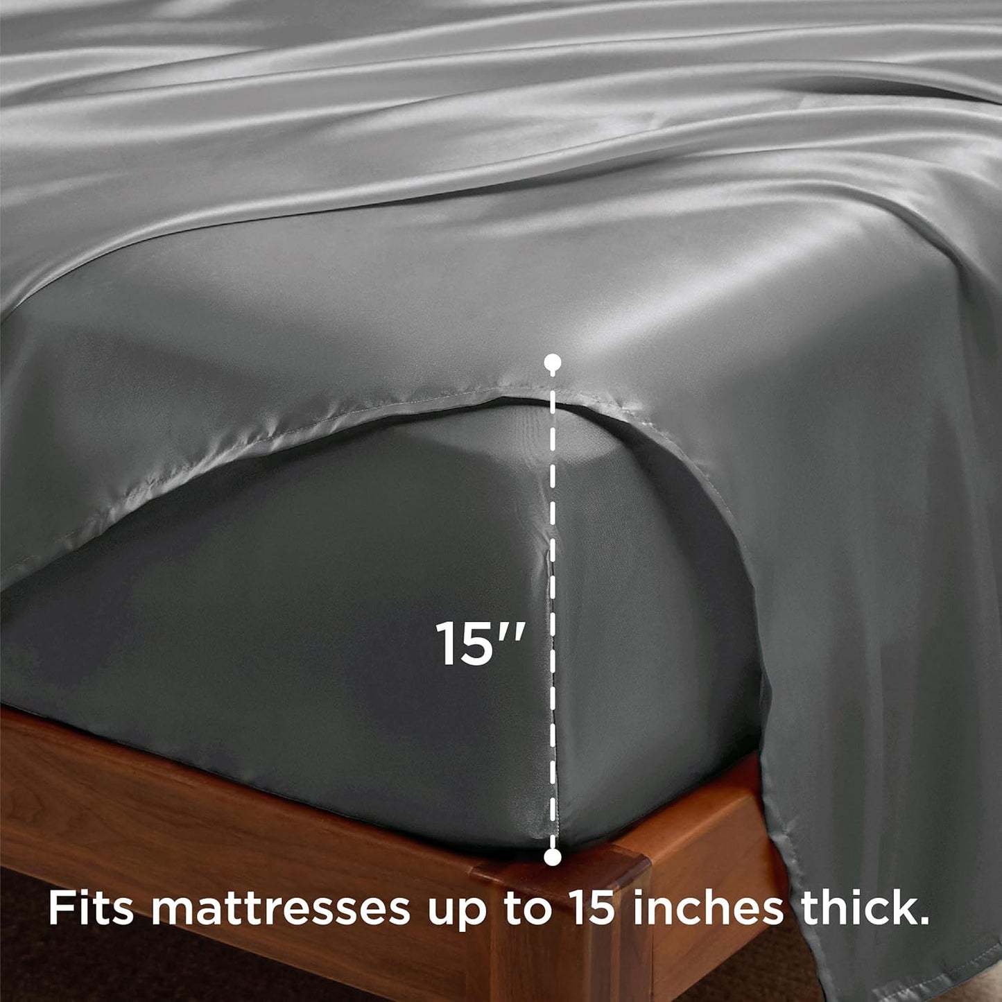 Bedsure Satin Sheets Queen Size - 4 Piece Silky Bedsheets with 15 Inches Deep Pocket Fitted Bedsheet,1 Flat Sheet, 2 Satin Pillowcases, Good for Hair & Skin (Queen, Dark Grey)