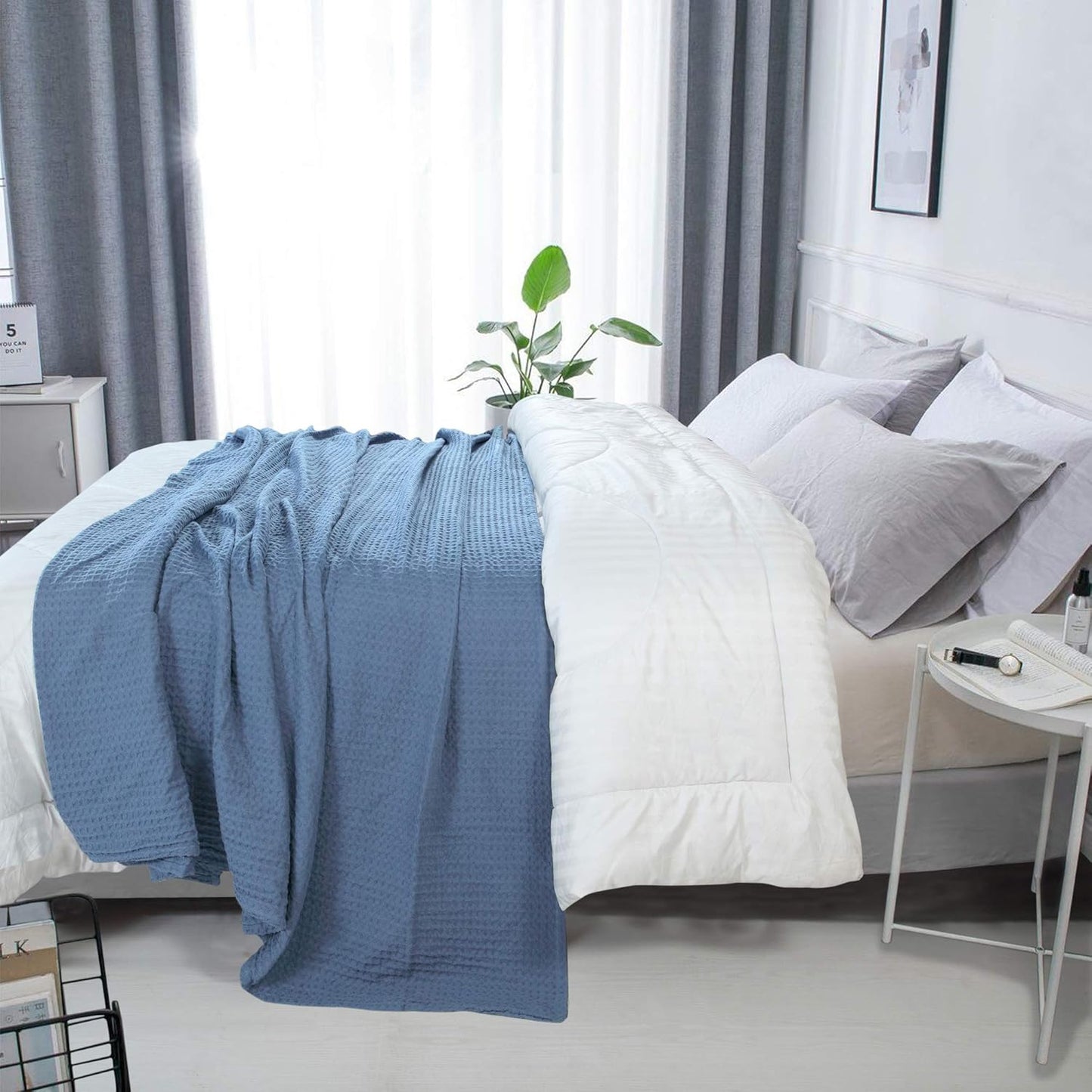 HILLFAIR 100% Combed Cotton Blanket– Queen Size Bed Blankets– Warm Soft All Season Breathable Lightweight Summer Blankets– Waffle Weave Home Decor Bed Blanket- Blue Queen Bed Cotton Blankets/Bedcovers