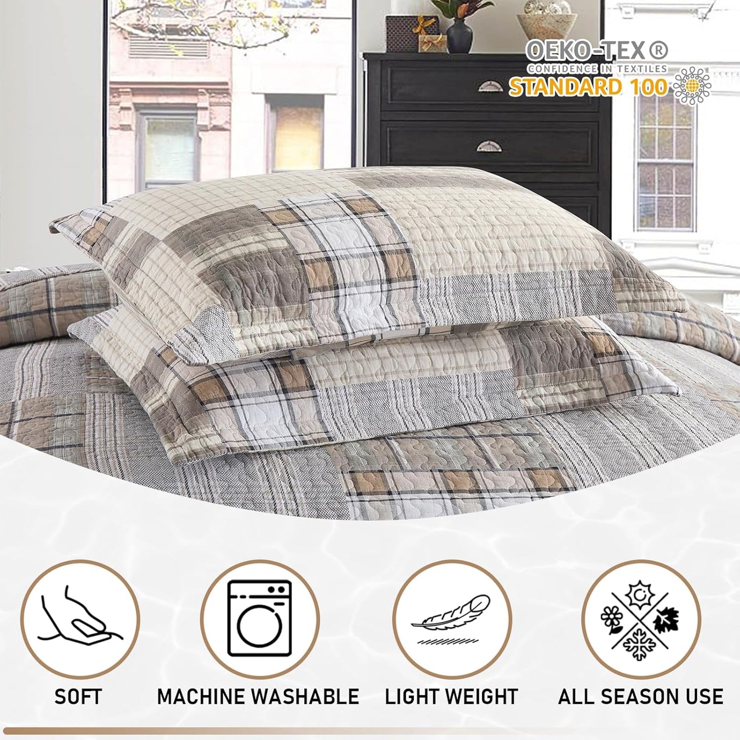 KALOOLA 100% Cotton Quilts King Size 3 Pieces, Farmhouse Plaid King Quilt Bedding Sets, Brown Rustic King Size Bedspreads, Reversible Lightweight King Coverlet for All Seasons