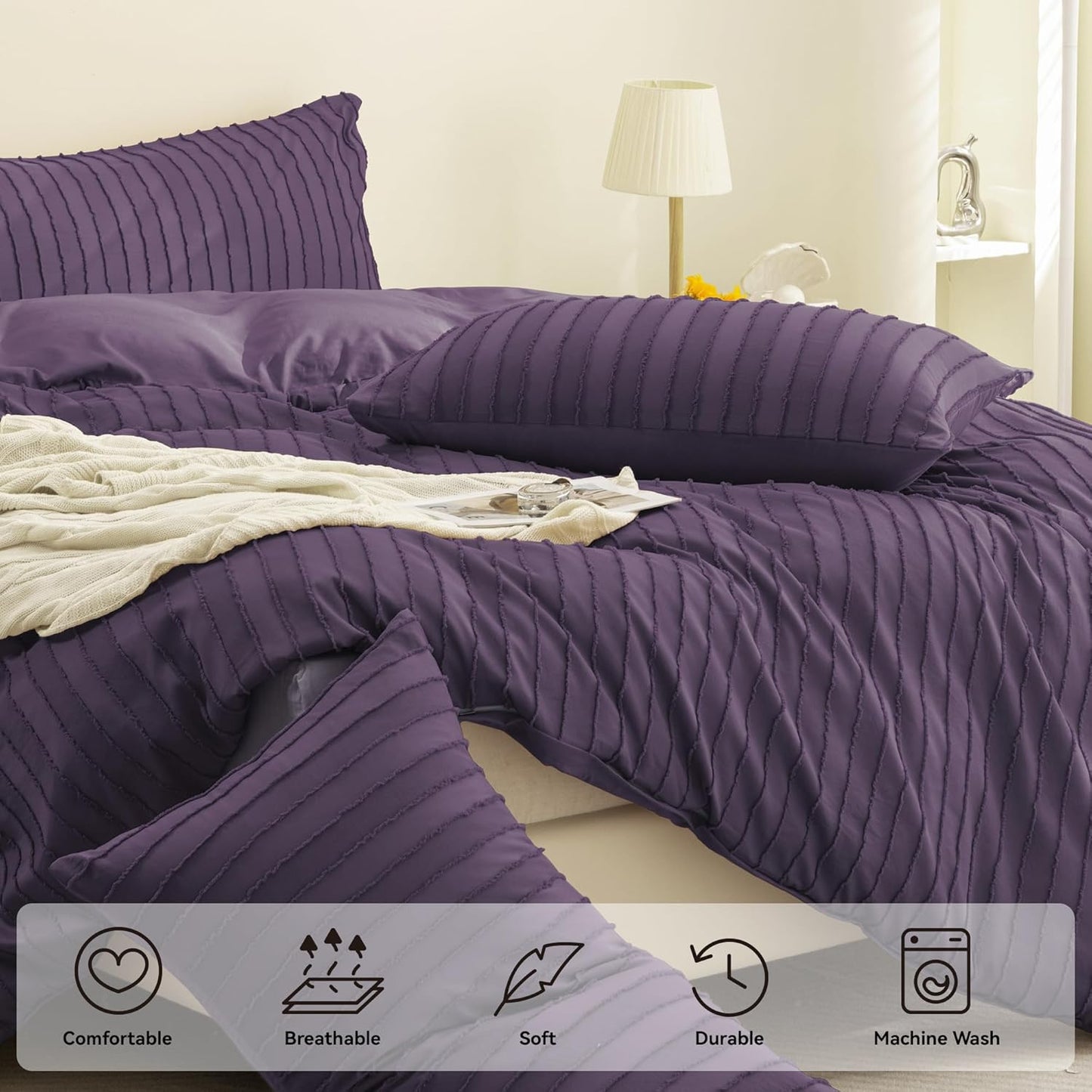 JELLYMONI Duvet Cover Twin Size Purple - 3PCS Boho Striped Duvet Cover Set Polyester Tufted Bohemian Textured Comforter Cover 68×90in with Corner Ties & Zipper and 2 Pillowcases
