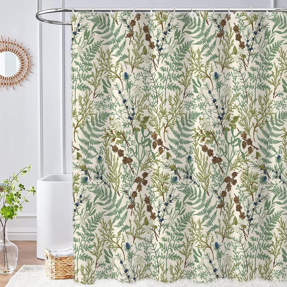Beige Green Botanical Shower Curtain Boho Nature Ferns Wildflowers Apothecary Bathroom Curtains Herbs Plants Vintage Cottagecore Bathroom 72Wx72H Waterproof Polyester