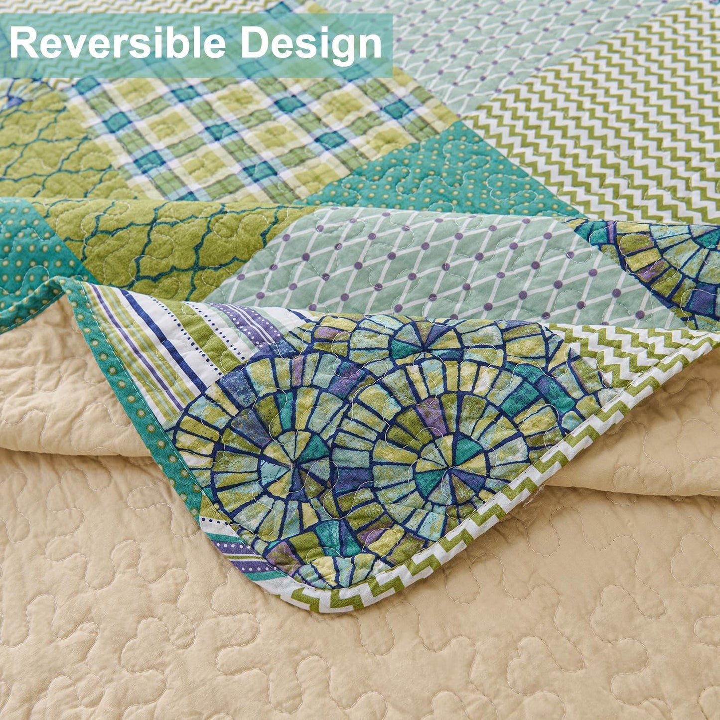 Cmfshape Quilt Sets Bedspread Set 100% Cotton Green Plaid Patchwork Bedding Set, All Season Use Lightweight Reversible Coverlet Quilts with 2 Pillow Shams(Queen 90"x96")