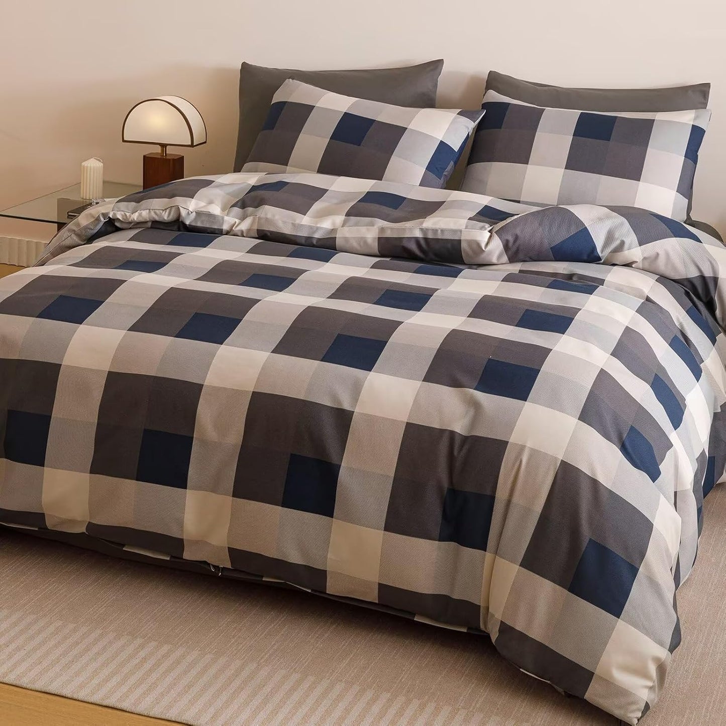 Cottonight Checkered Blue Comforter Set Twin Gingham Grid Bedding Set Navy and Khaki Grid Comforter Fluffy Soft Bedding Set Kids Teens Twin Comforter with 2 Pillowcases