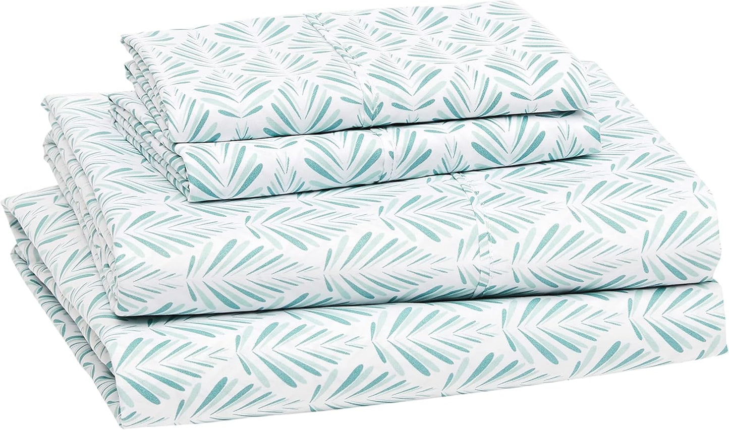 Amazon Basics Lightweight Super Soft, Breathable Easy Care Microfiber 4 Piece Bed Sheet Set With 14" Deep Pockets, King, Aqua Fern, Printed