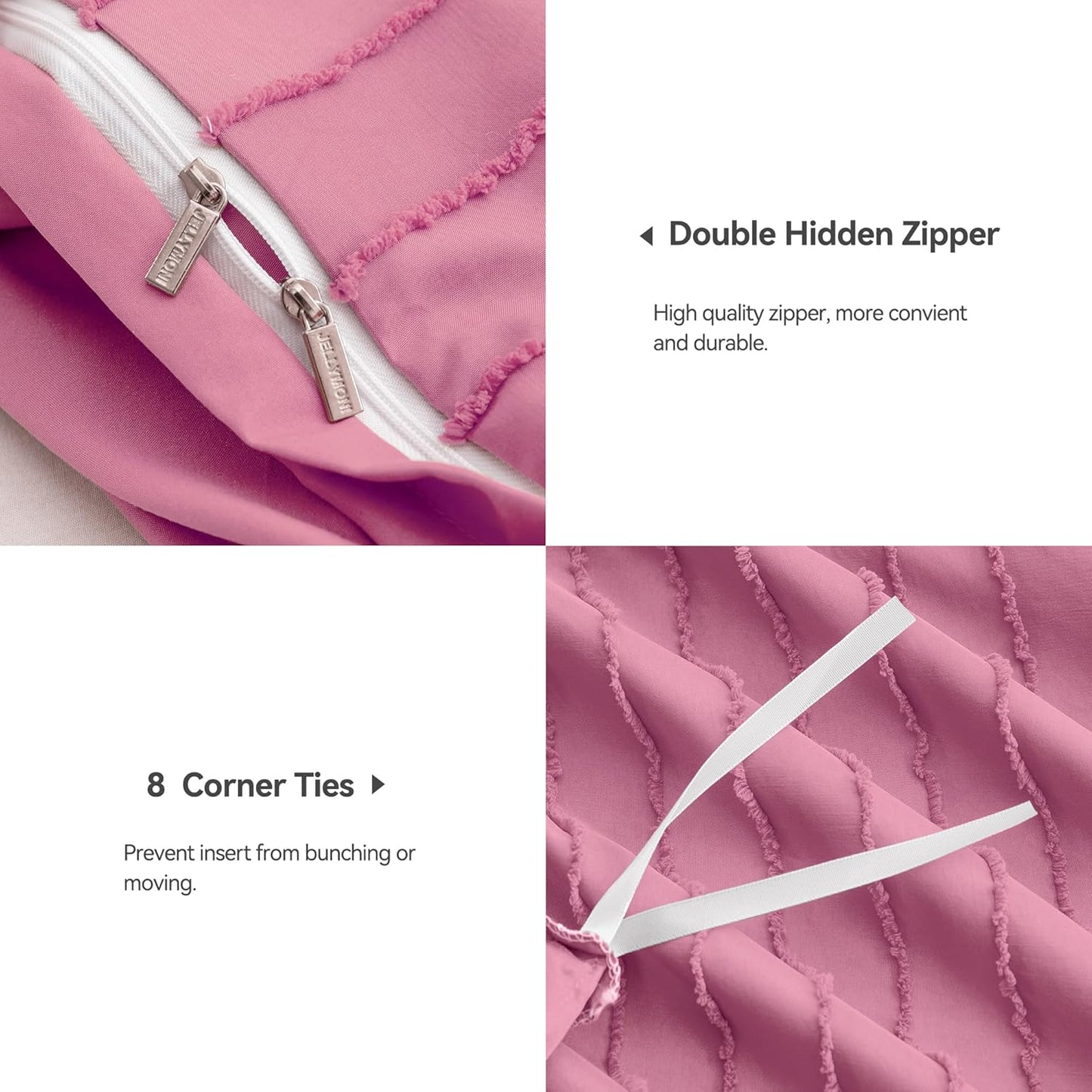 JELLYMONI Duvet Cover Queen Size Bright Pink - 3PCS Boho Striped Duvet Cover Set Polyester Tufted Bohemian Textured Comforter Cover with Corner Ties & Zipper Closure