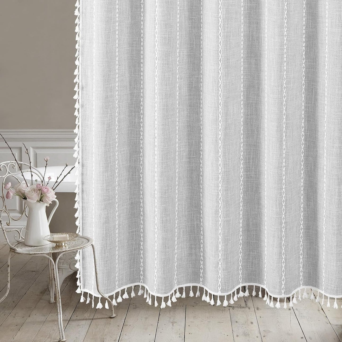 MitoVilla Boho Extra Long Shower Curtain 72 x 96, LightGrey Modern Farmhouse 96 inch XL Polyester Linen Texture Tassel Fabric Shower Curtain Set with Hooks for Cottagecore Country Bathroom Decor