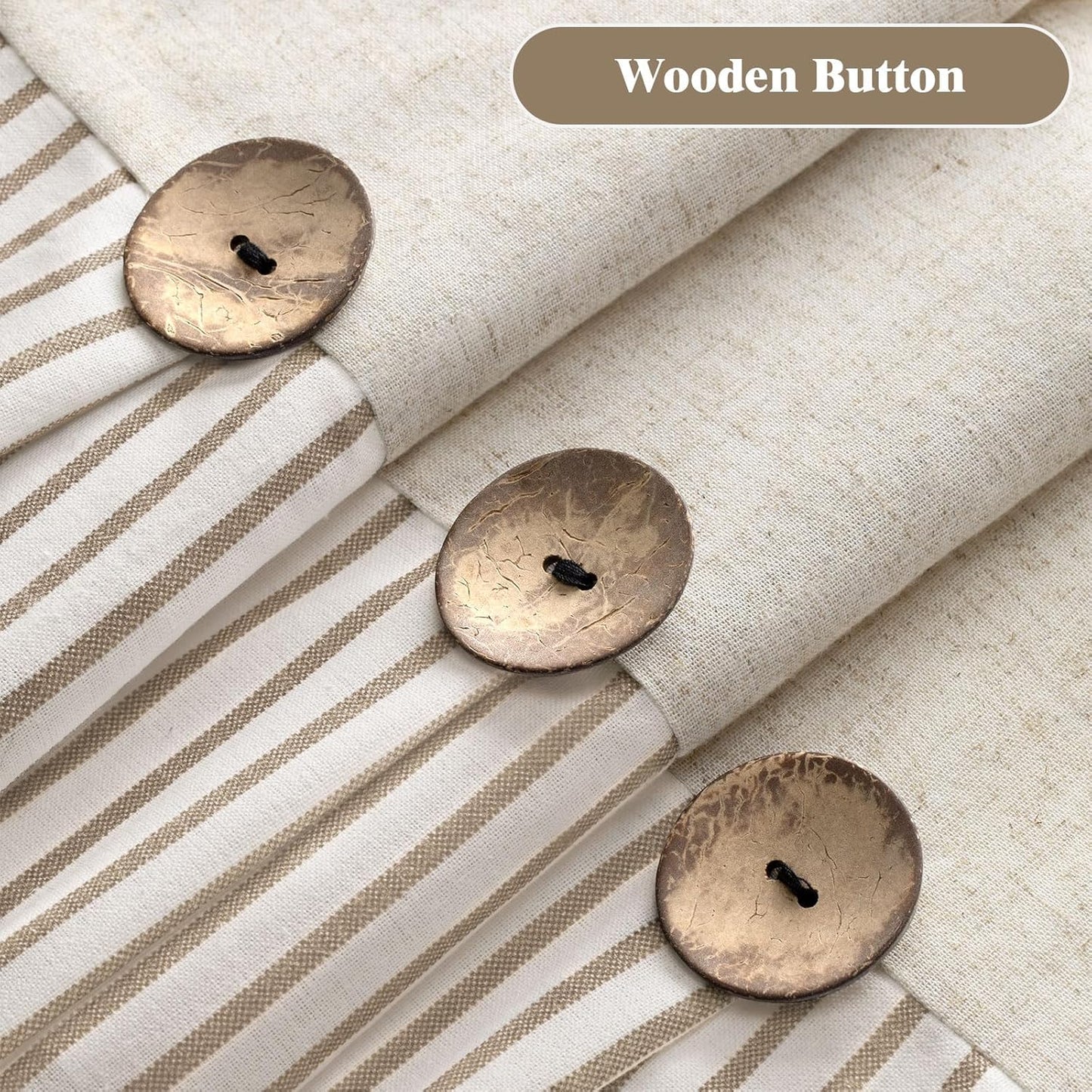 Farmhouse Shower Curtain Linen Beige Button Woven Fabric Country Rustic Western, Pleated Beige Stripe 60" W x 72" L