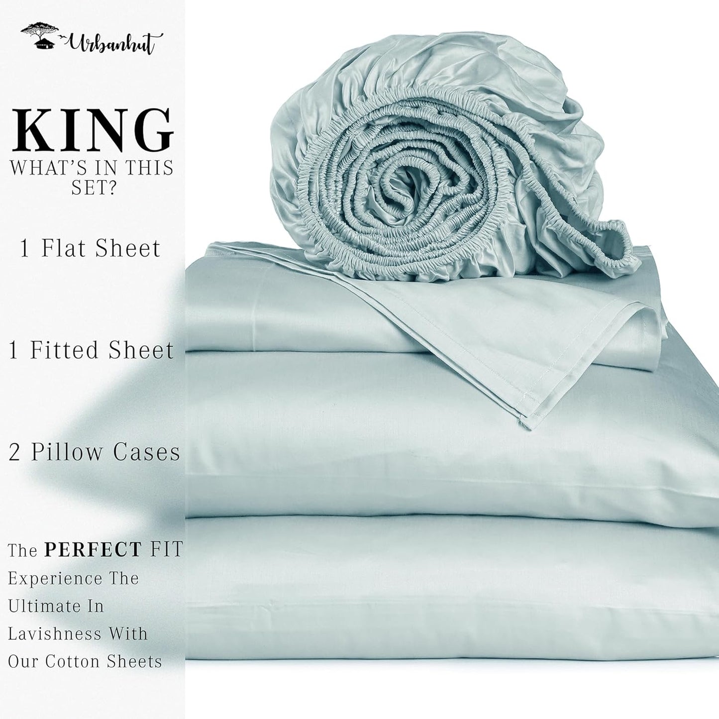 URBANHUT 1000 Thread Count King Sheet Set Egyptian Cotton, Long Staple Soft & Breathable, 4 Pc Bed Sheet Sets,Sateen Weave Luxury Hotel Sheets Fits 16" Deep Pocket - Light Blue