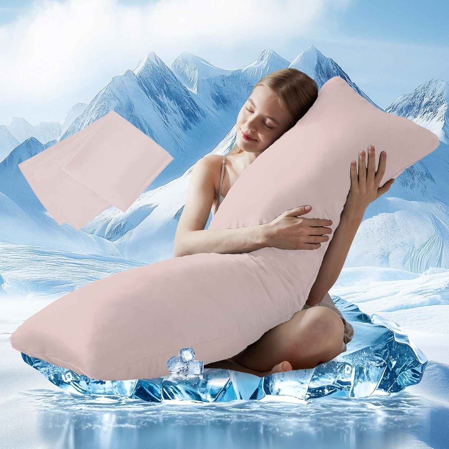 DOWNCOOL Large Body Pillow Insert with Cooling Cover - Soft Long Bed Pillow for Summer - Breathable Full Body Pillow for Adults - 20x54 inch (Pink, with Cover)