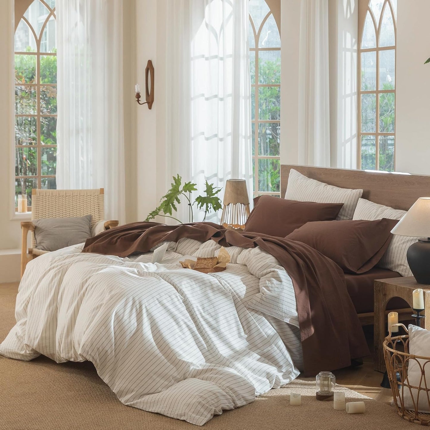 MooMee Bedding Sheet Set 100% Washed Cotton Linen Like Textured Breathable Durable Soft Comfy (Solid Cocoa Brown, Queen)