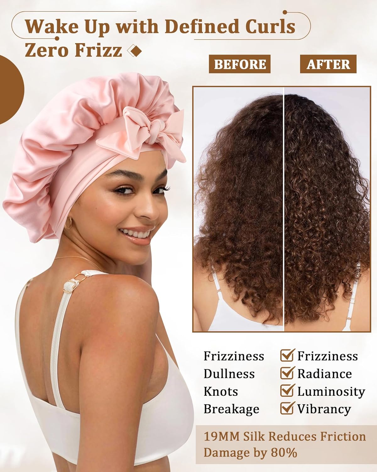 AWAYTR Mulberry Silk Bonnet for Sleeping - Silk Sleep Bonnet with Tie Band for Curly Hair Men and Women (Pink)