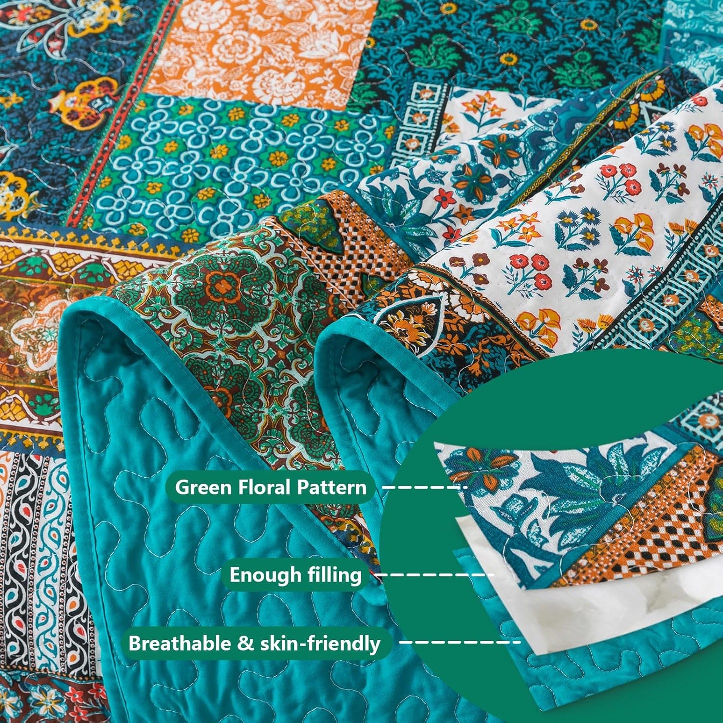 BEDIFANY Cotton Queen Size Quilt Set, Lightweight Bedspread Queen Coverlet, Soft Farmhouse Quilt Bedding Sets for Bed Decorations All Seasons (3 Pieces, Green)