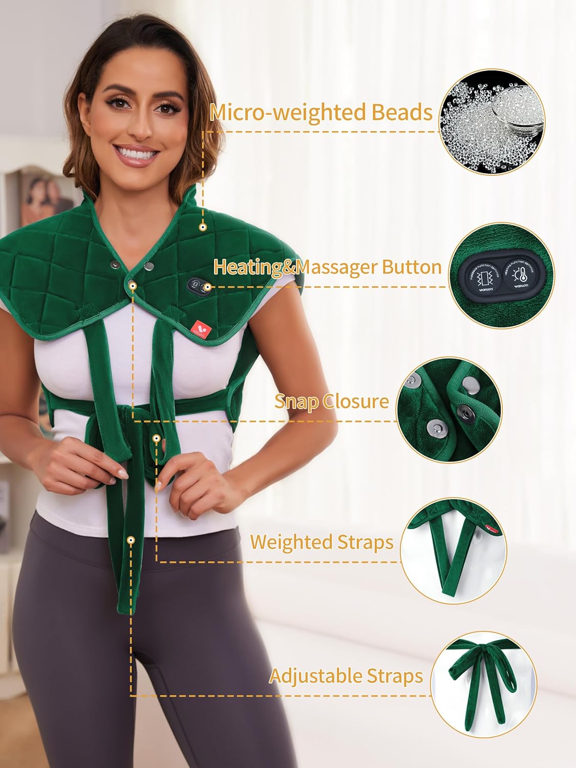 Vofuoti Heating Pad for Neck and Shoulders, Portable Cordless Heating Pad with Massager and Battery, Weighted Electric Heated Neck Shoulder Wrap, 16'' x 22'', 2.2lbs