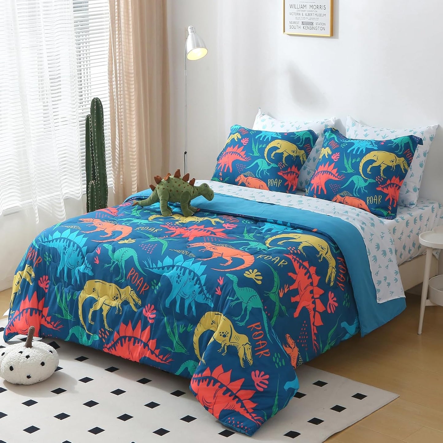 Wajade Boys Dinosaur Comforter Set Bed in A Bag Queen Size 7 Piece 3D Blue Dinosaur Print Bedding Set for Kids Teens(1 Comforter, 1 Flat Sheet, 1 Fitted Sheet, 2 Pillowcase and 2 Pillow Sham)
