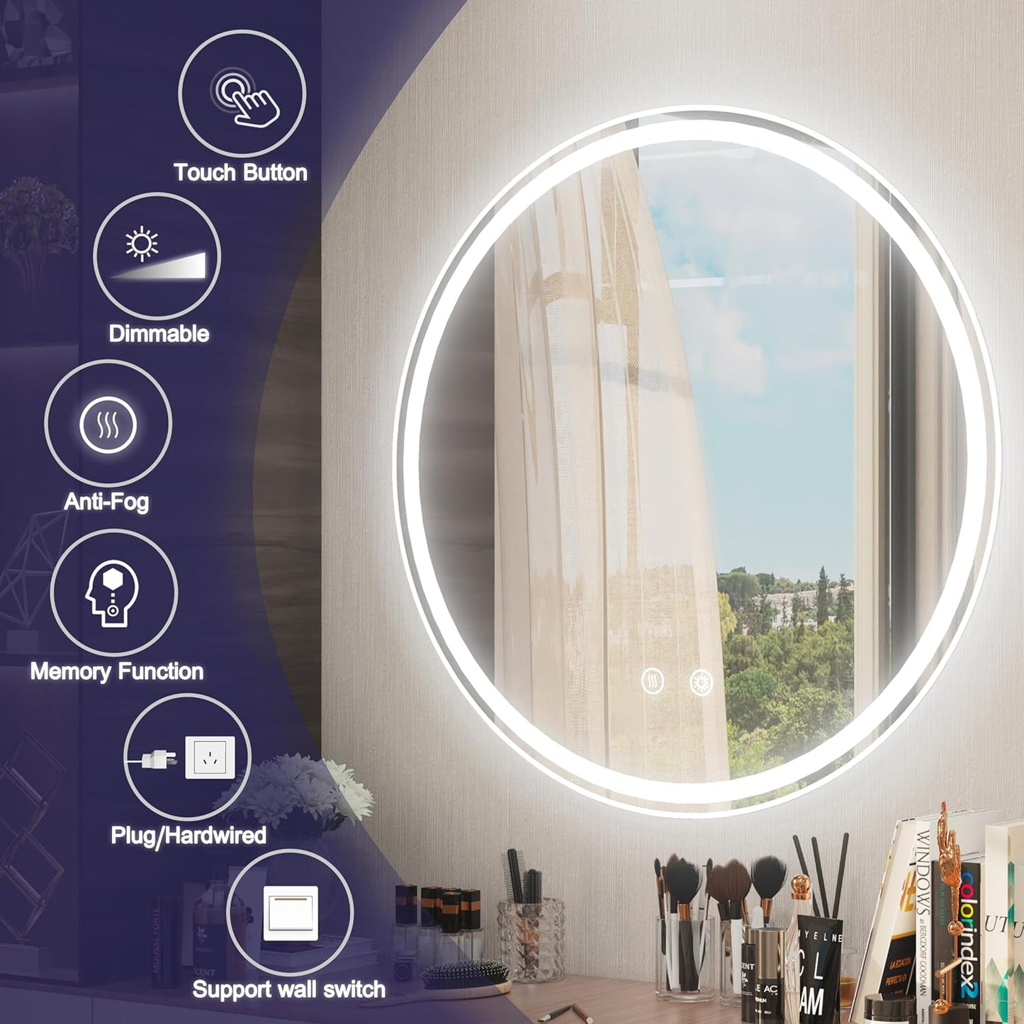 28-Inch Frameless Round LED Bathroom Mirror with Anti-Fog, Memory Function, Dimmable Front & Backlit Lights, 6000K Daylight, 5mm HD Glass, Touch Control