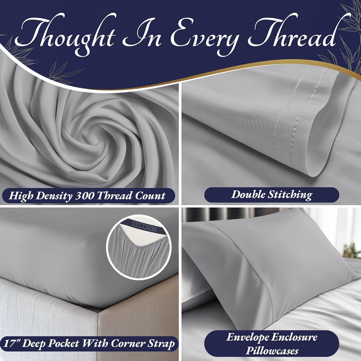 DECOLURE 100% Viscose Derived from Bamboo Sheets Cal King Size 4pcs - Ultra Soft & Luxuriously Cooling, 17" Deep Pocket, Double Stitching, Perfect for Hot Sleepers - King Bed Sheets (Midgrey)