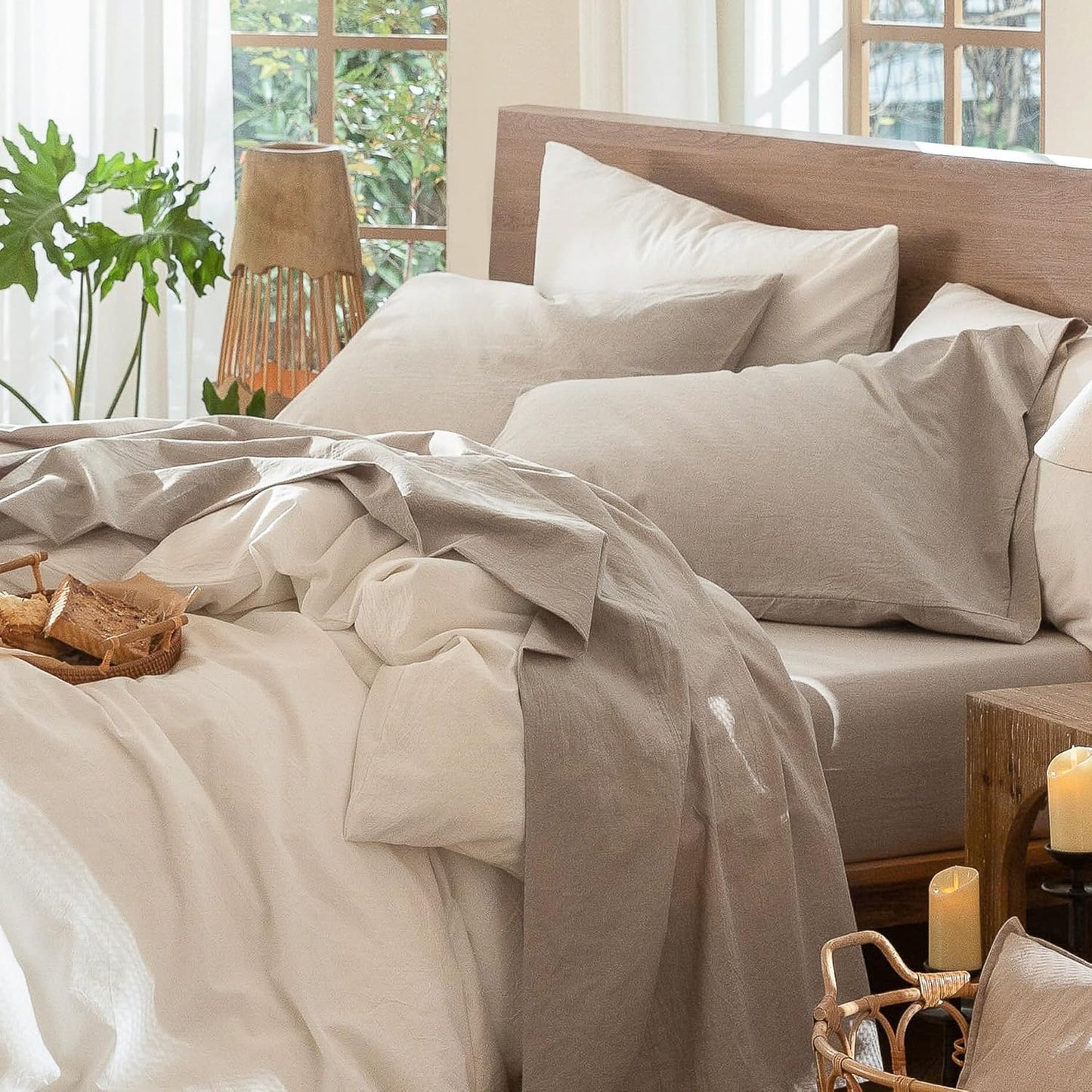 MooMee Bedding Sheet Set 100% Washed Cotton Linen Like Textured Breathable Durable Soft Comfy (Heathered Tannish Linen Grey, Twin)