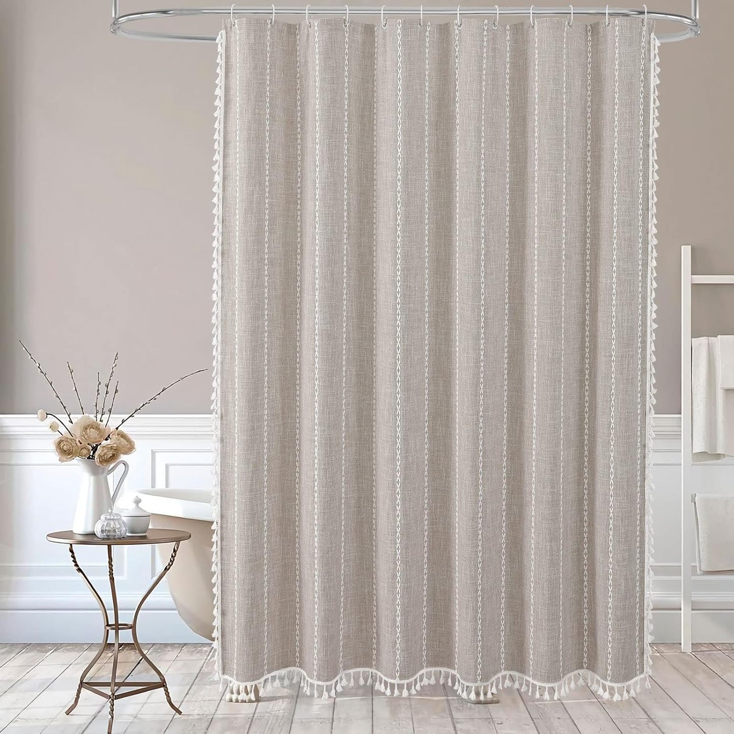 MitoVilla Boho Extra Long Shower Curtain 72 x 96, Taupe Modern Farmhouse 96 inch XL Polyester Linen Texture Tassel Fabric Shower Curtain Set with Hooks for Cottagecore Country Bathroom Decor,Taupe