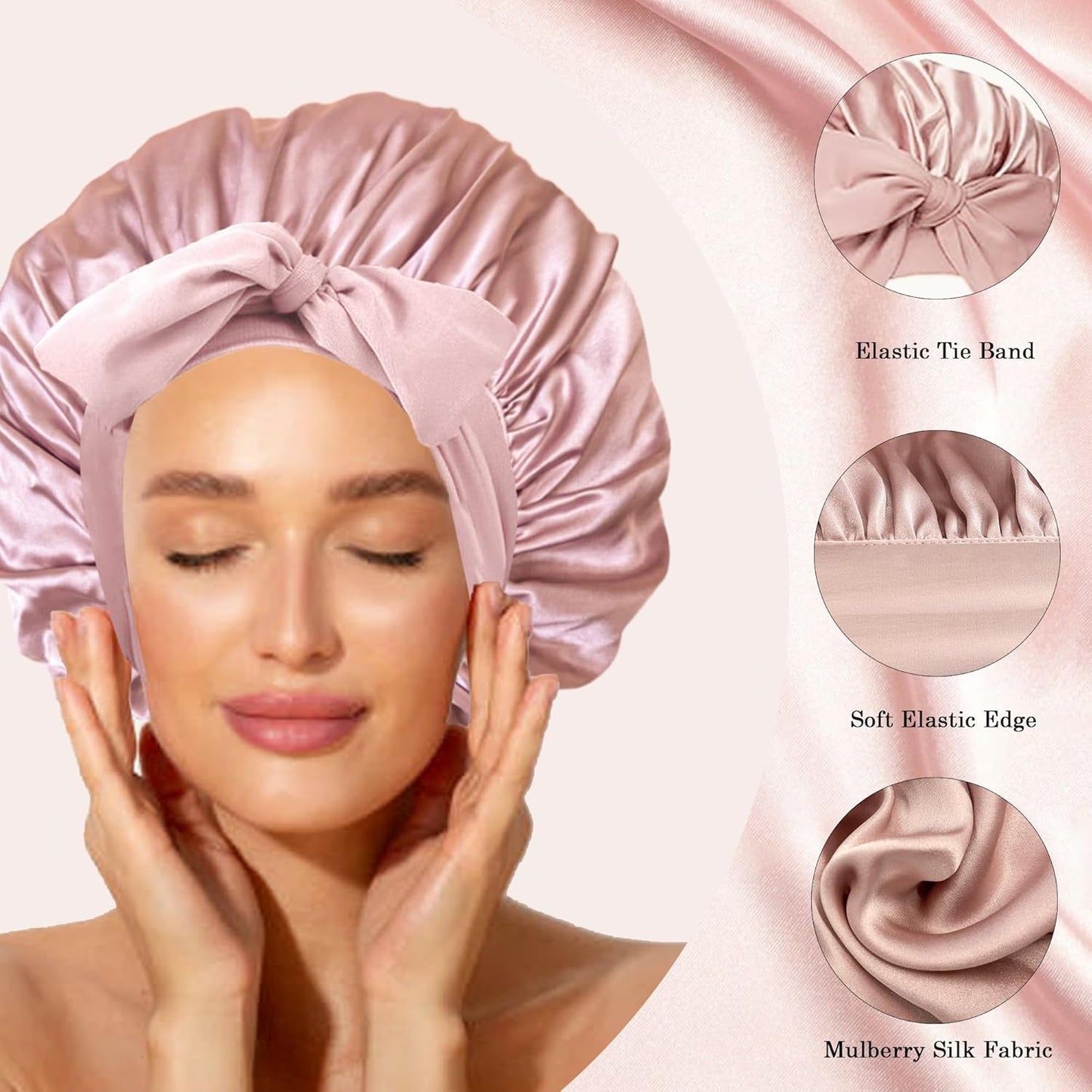 Chloven Mulberry Silk Bonnet for Sleeping Women - Larger Double Layer Silk Hair Wrap Bonnet for Curly Long Hair with Tie Band