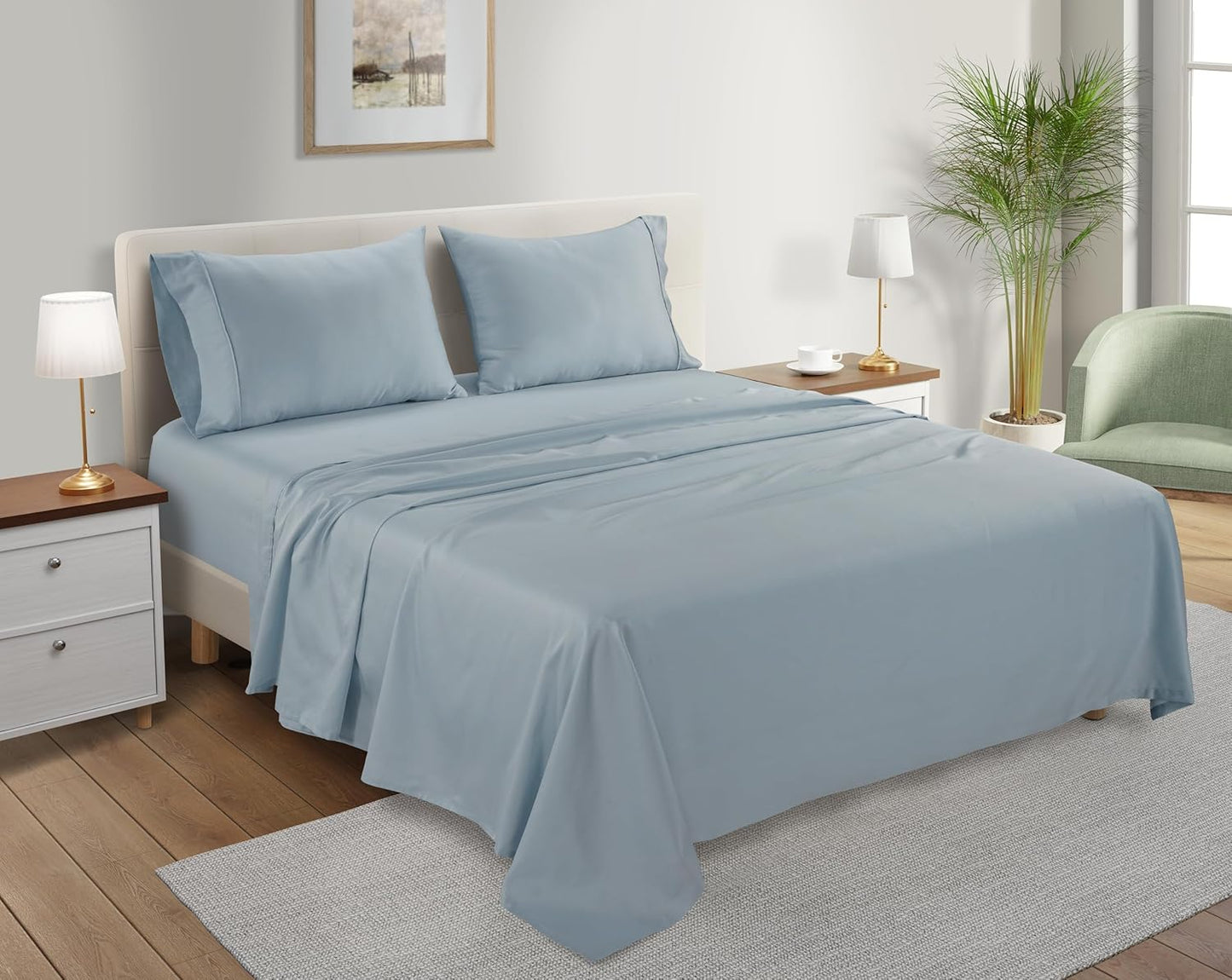 100% Organic Cotton Sheets King Size, 4 Piece Breathable Bed Sheet Set, 15" Deep Pocket King Sheets Cotton, Solid Sateen Weave Luxury Hotel Collection, No Pill & Shrink- Light Blue