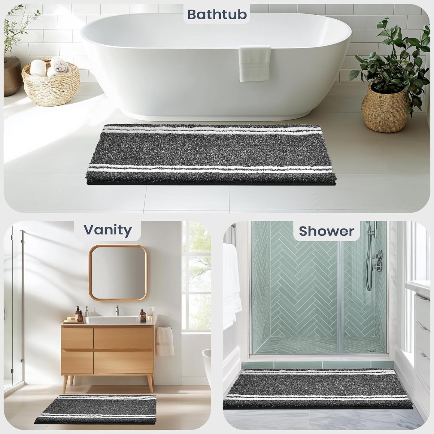 PURRUGS Bathroom Rug Non-Slip Machine Washable 24" x 60", Super Absorbent and Quick Dry Shaggy Microfiber Bath Mat, Extra Soft and Plush Bath Rug for Bathtub, Shower and Sink, Charcoal