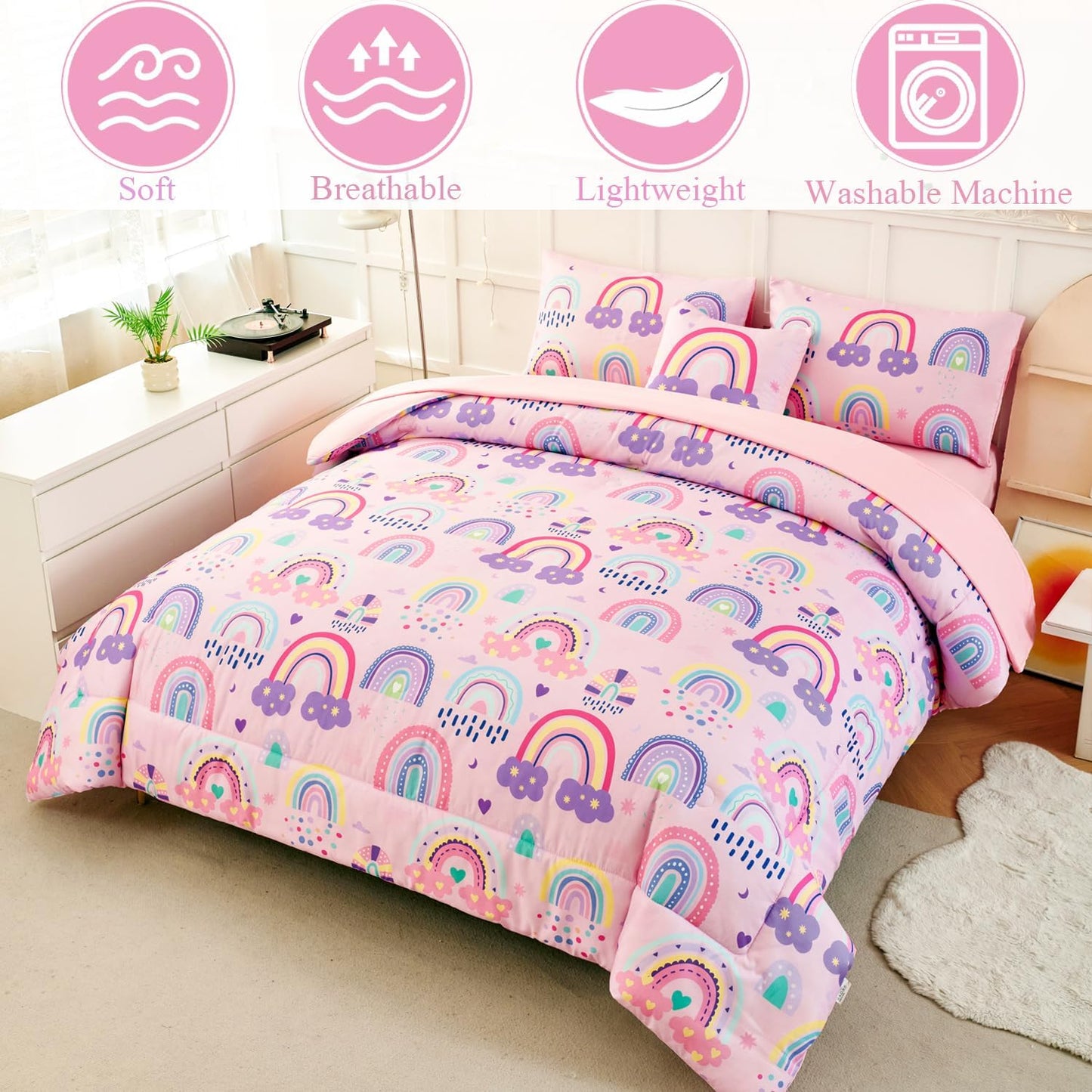 ANGIYUIN Colorful Rainbow Twin Size Comforter Set for Girls Cartoon Clouds Love Hearts Bedding Set with Sheets 6Pcs Kids Bed in A Bag, Pink, Twin