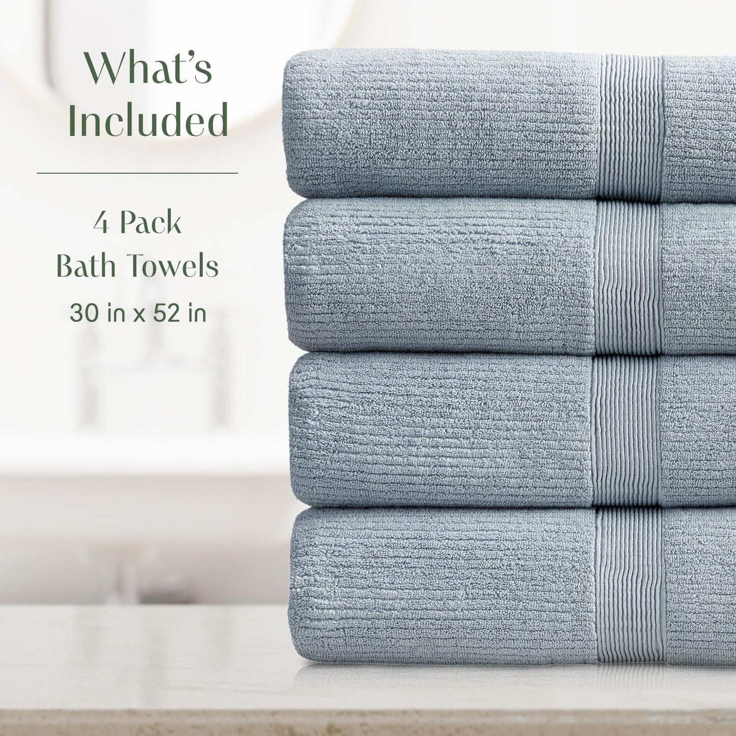 Springtree Home Blue Bath Towels Set of 4 | Ribbed Textured | 100% Combed Cotton | Absorbent Quick-Dry Towels for Bathroom | Oeko-TEX® Standard 100 Cotton | Mauro Collection - Blue Fog