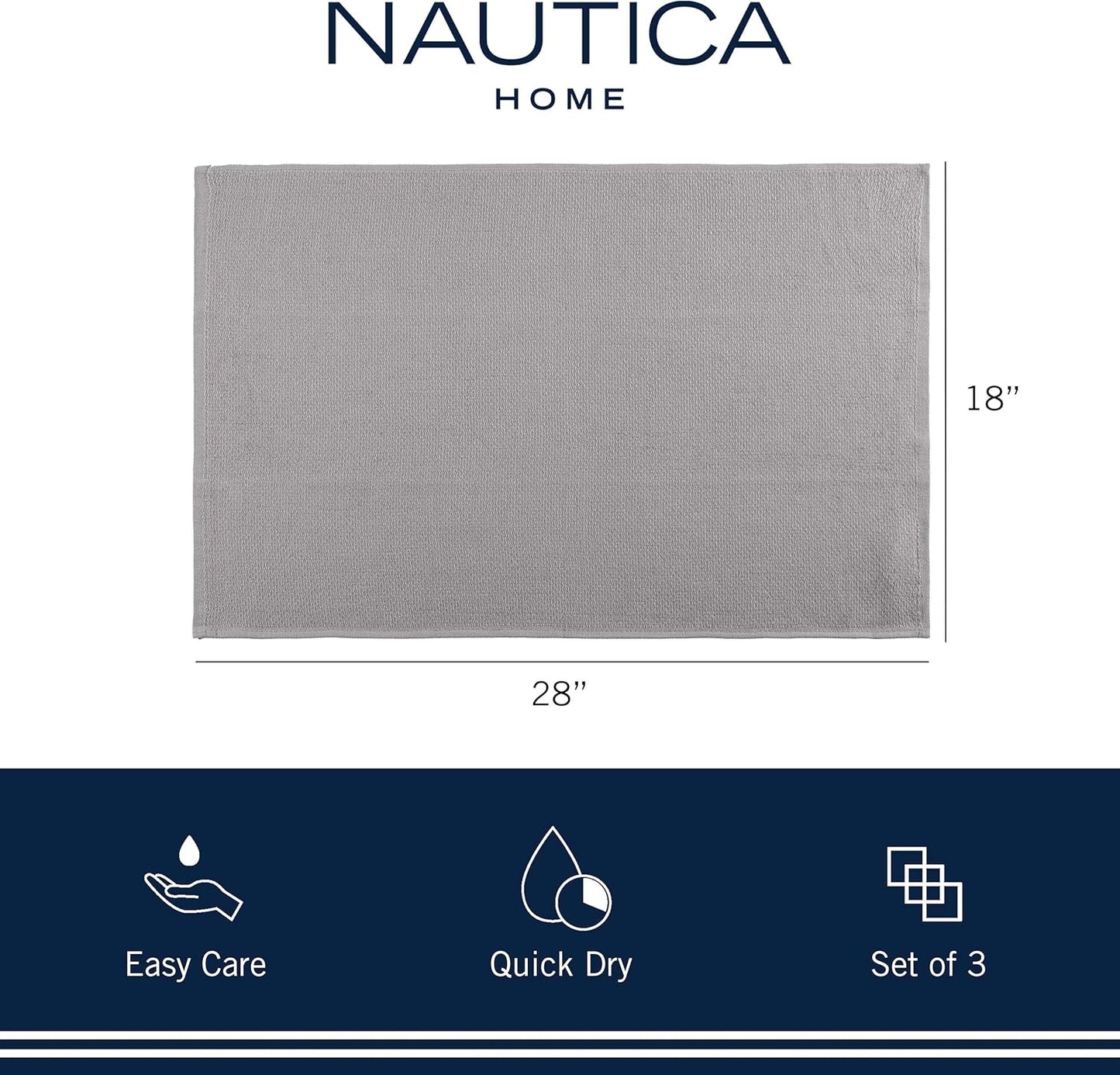 Nautica 100% Cotton Kitchen Towels | Super Absorbent Reusable Cleaning Cloths, Tea Towels, Hand Towels for Drying Dishes | Set of 3 | 18" X 28" | Grey Stripe/White