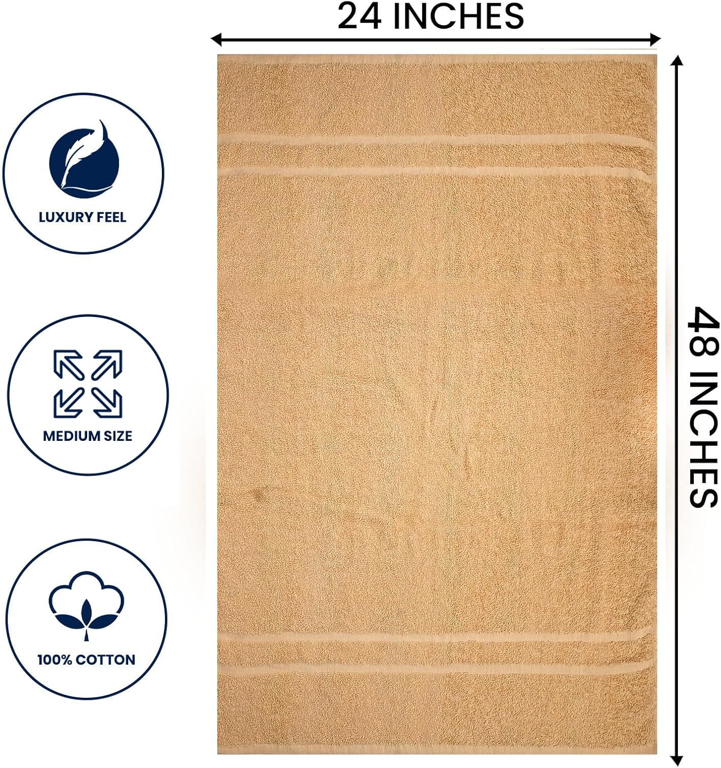 Basic Medium Bath Towels 24x48 Inches – Pack of 6 – Beige Color – Soft and Absorbent Multipurpose Cotton Towels for Bathroom, Spa, Gym, Salon, Hotel, Clinics and Everyday Use